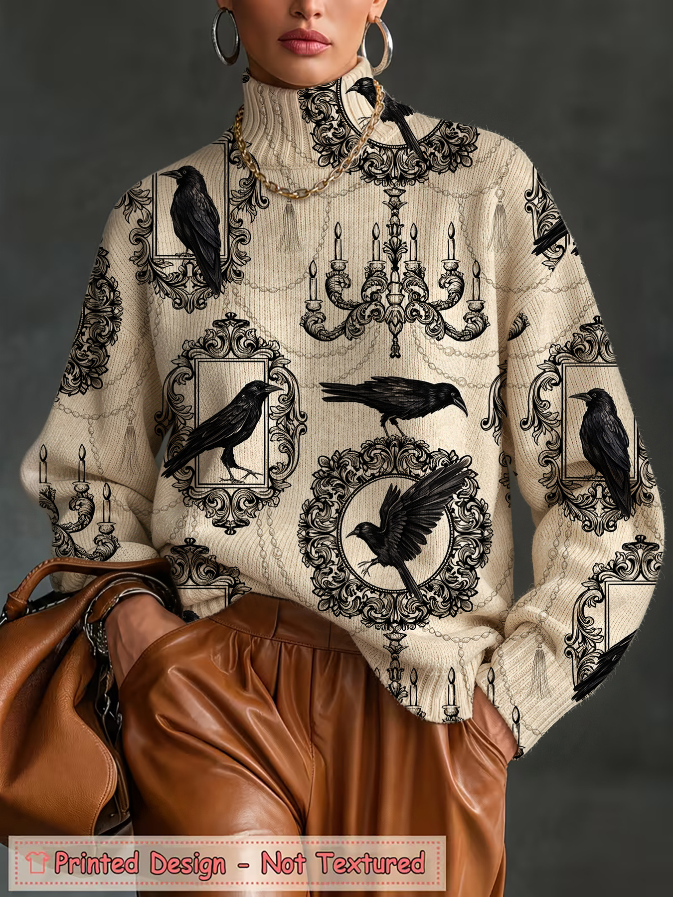 Women's Gothic Raven Print Turtleneck Sweater, Vintage Baroque Chandelier Pattern Long Sleeve Pullover Top, Casual Fall Winter Graphic Sweatshirt (Printed Design, Not Textured Knit)