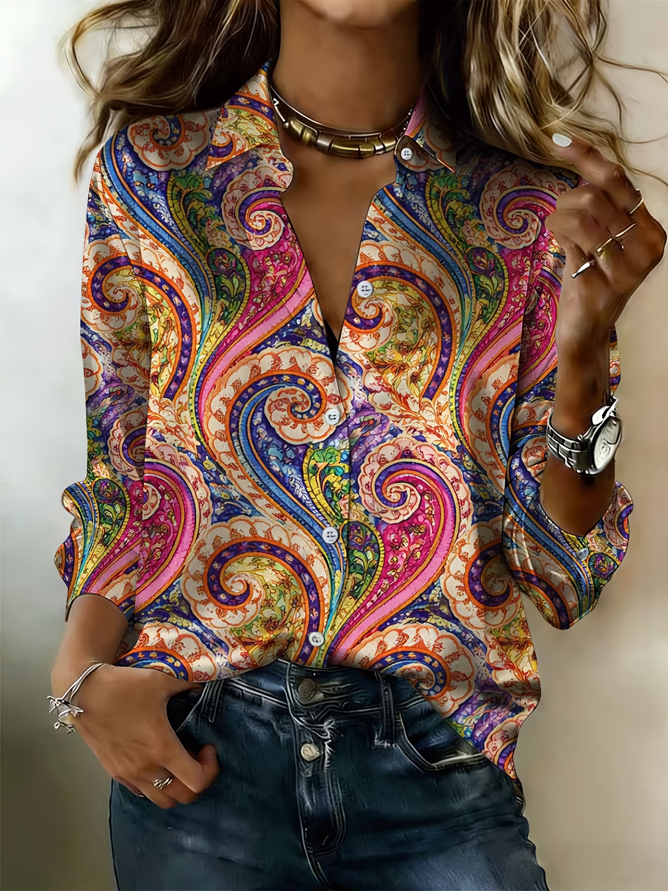 Women's Colorful Paisley Print Button-Up Shirt - Collar Blouse Suitable for All Seasons, Machine Washable Button-Front Top, Non-Stretch Comfortable Fabric for Casual & Professional Wear, Elegant Four-Season Buttoned Shirt