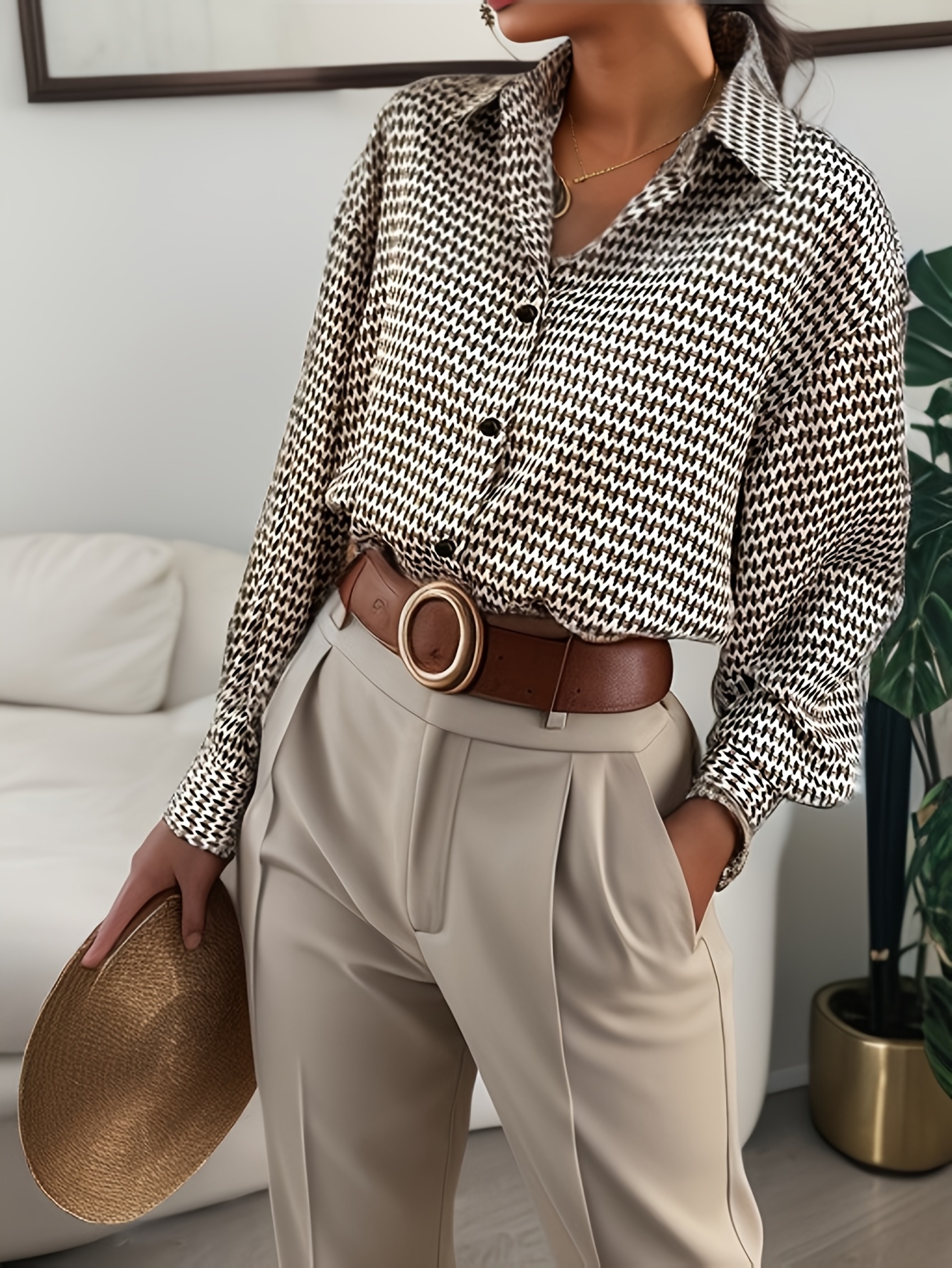 Women's Houndstooth Geometric Print Lapel Collar Long Sleeve Button Down Shirt, Elegant Loose Fit Casual Blouse Top