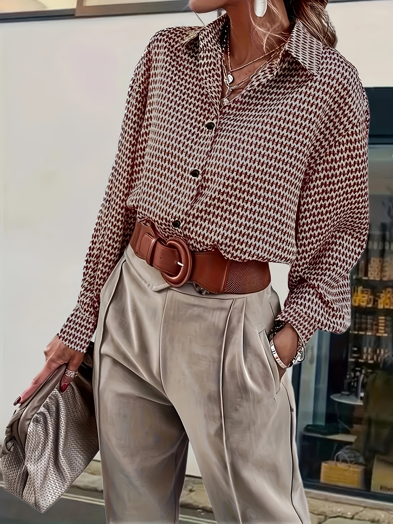 Women's Geometric Print Lapel Collar Long Sleeve Button Down Shirt, Elegant Loose Fit Casual Blouse Top
