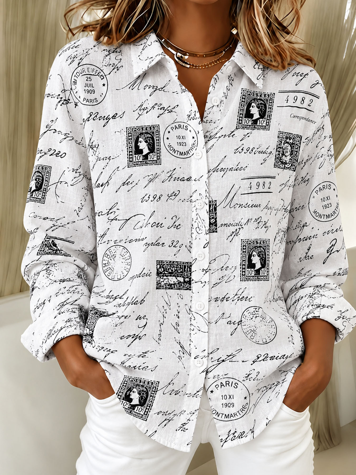 Women's Vintage Paris Postage Stamp Print Shirt, Lapel Collar Long Sleeve Button Down Casual French Style Blouse Top