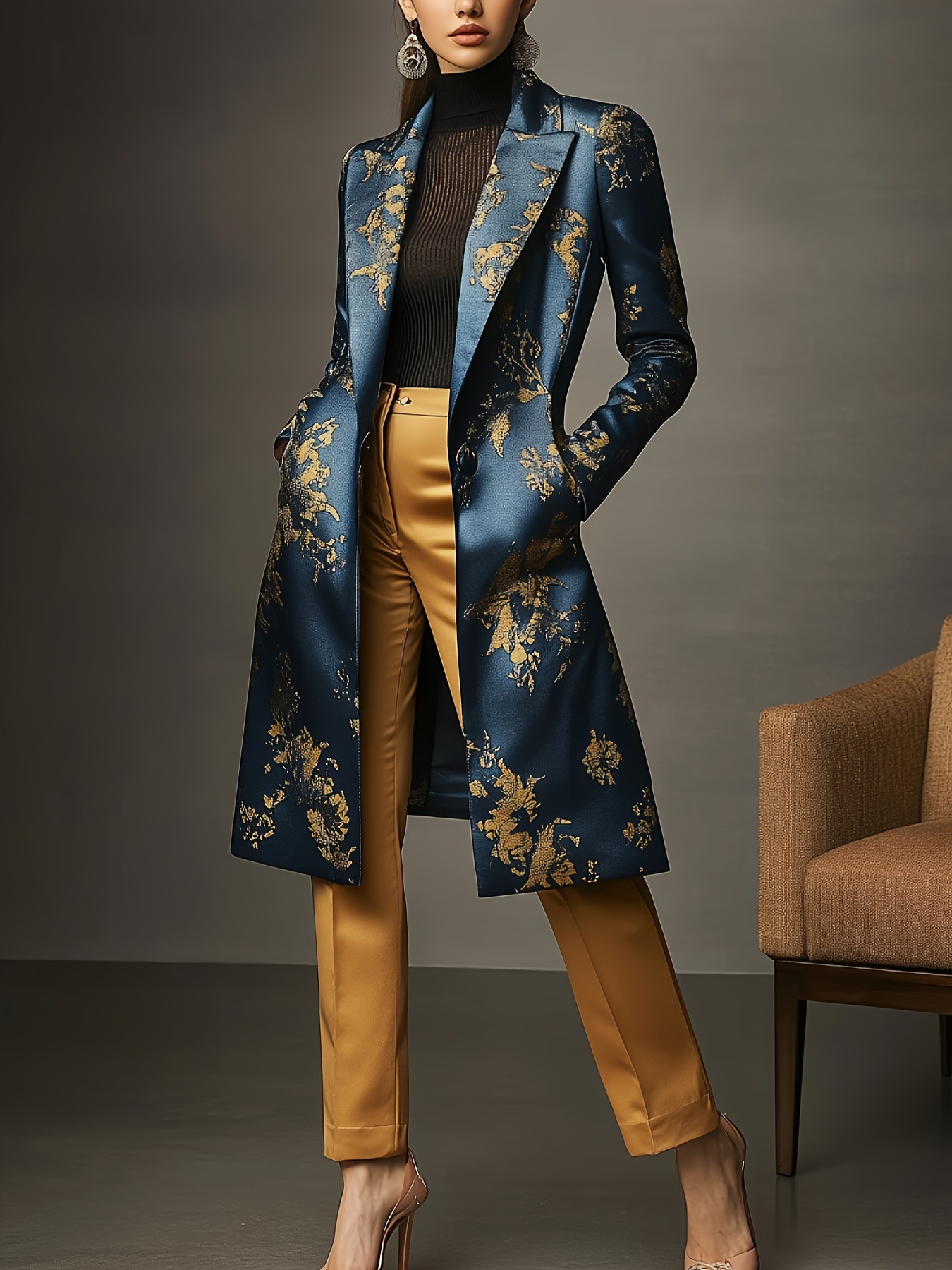 Women's Satin Floral Print Long Blazer Coat, Elegant Notched Lapel Open Front Jacket, Vintage Chic Mid-Length Outerwear for Fall and Winter