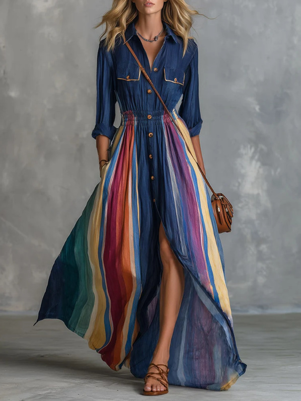 Women's Denim Maxi Dress, Button Down Shirt Dress with Colorful Striped Flowy Skirt, Long Sleeve Collared Dress with Elastic Waist, Boho Vacation Outfit
