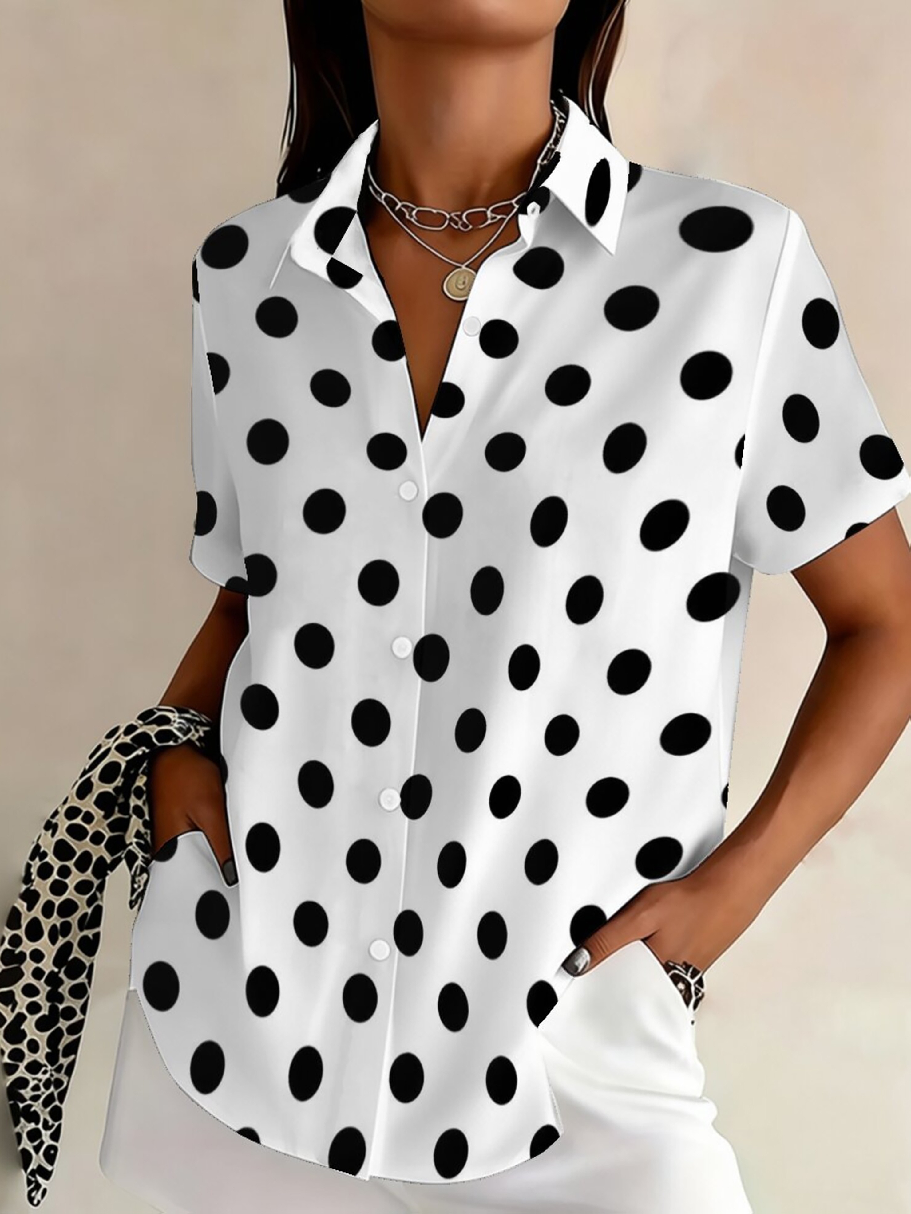 Plus Size Women's Casual Short Sleeve Black Polka Dot Print Button-Up Shirt Fashion Collared Cardigan