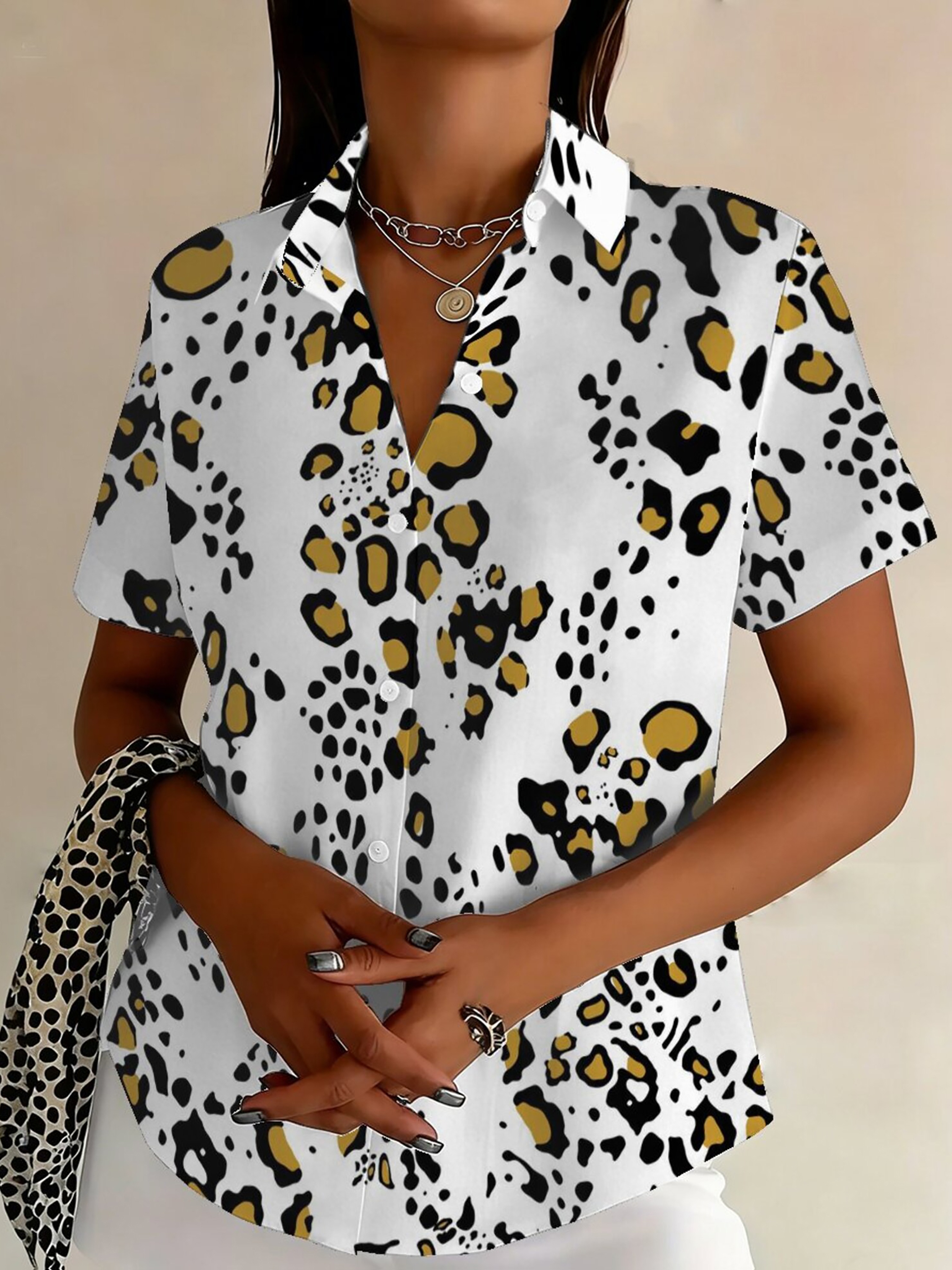 Women’s Leopard Print Button-Up Shirt – Short Sleeve Casual Blouse