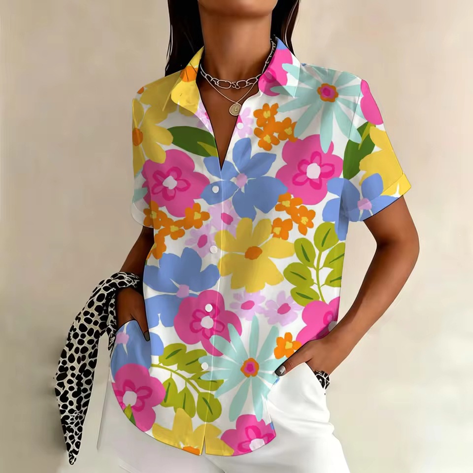 Women’s Floral Print Short Sleeve Button-Down Shirt – Lightweight Polyester Blouse