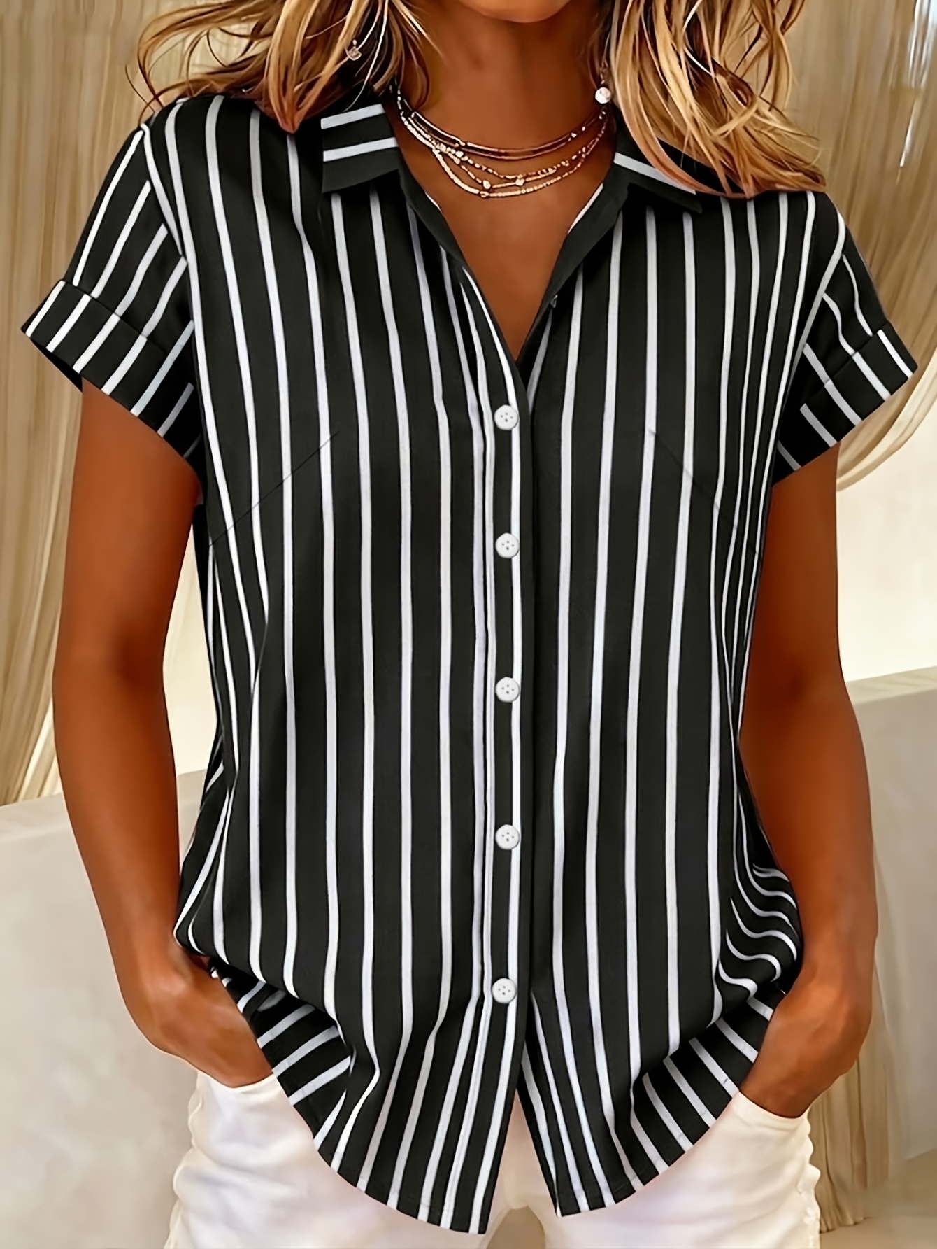 Women Vertical Striped Short Sleeve Button Down Shirts, Lightweight Polyester Collared Pocket Blouses, Casual Roll Cuff Loose Fit Summer Tops with 6 Colors Available