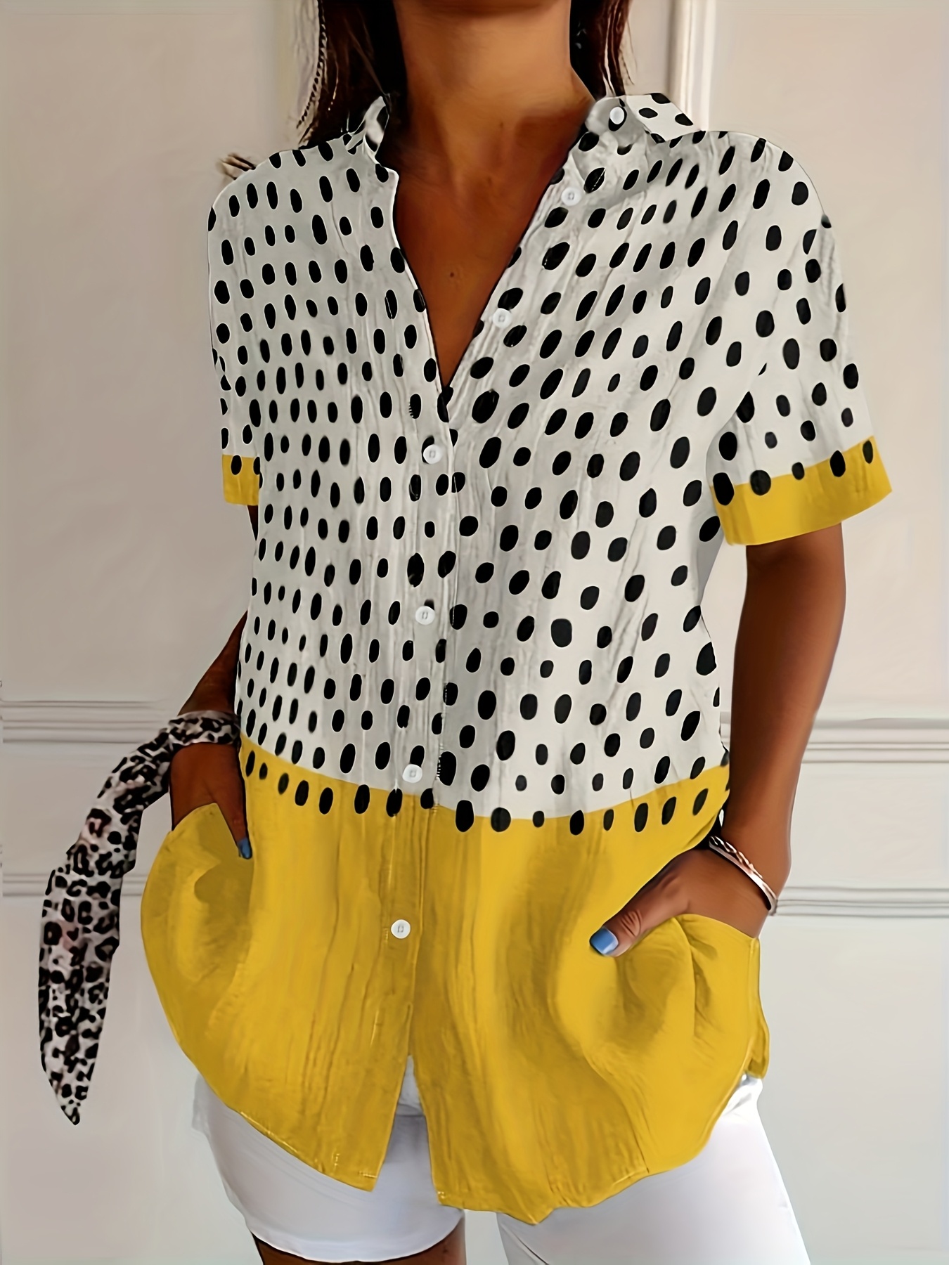 Plus Size Women Two-Tone Polka Dot Short Sleeve Button Down Shirts, Lightweight Polyester Lapel Collar Pocket Blouses, Casual Loose Fit Summer Color Block Tops