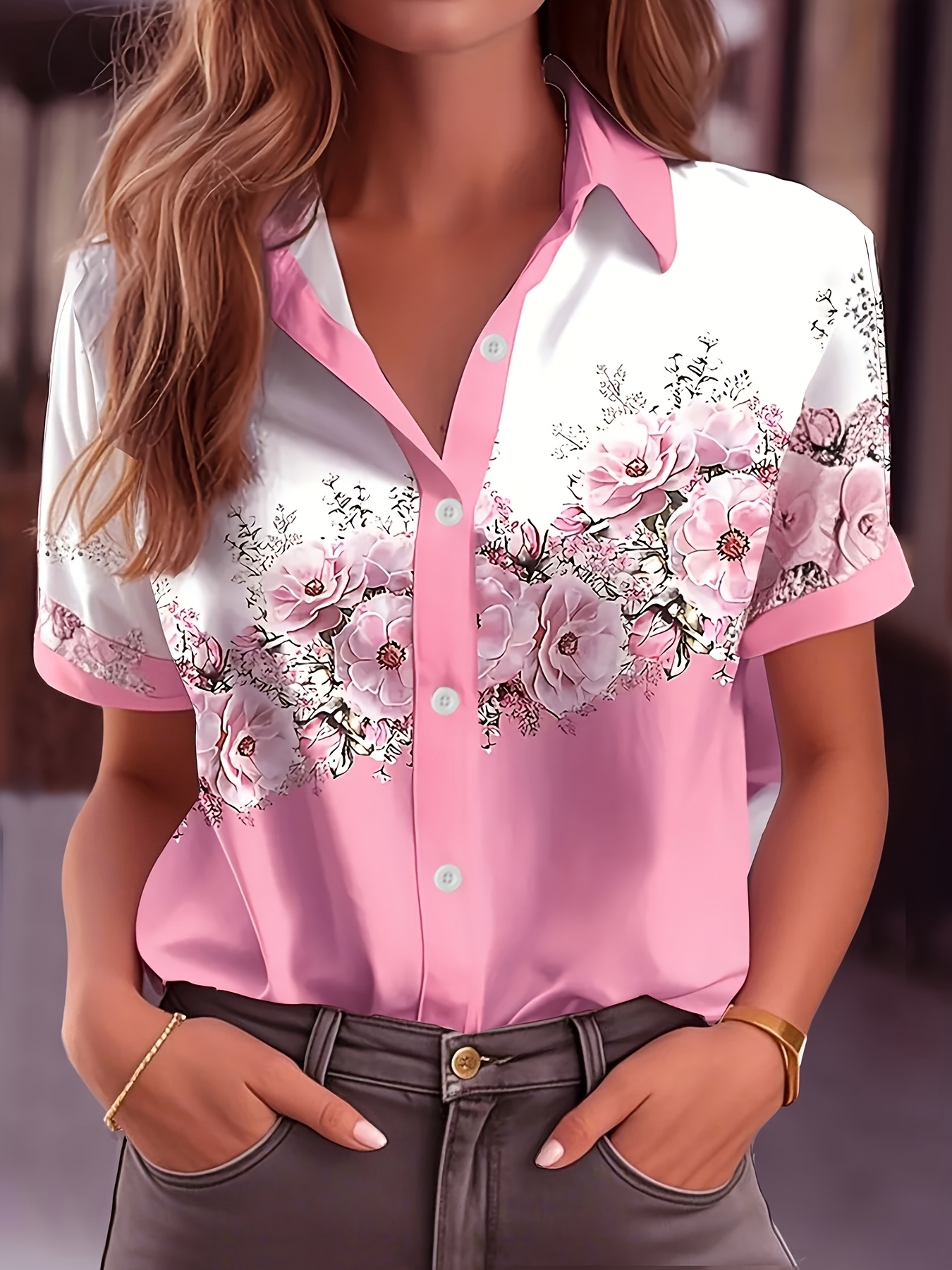 Women Pink Rose Floral Color Block Short Sleeve Button Down Shirts, Lightweight Polyester Lapel Collar Pocket Blouses, Casual Loose Fit Summer Printed Tops