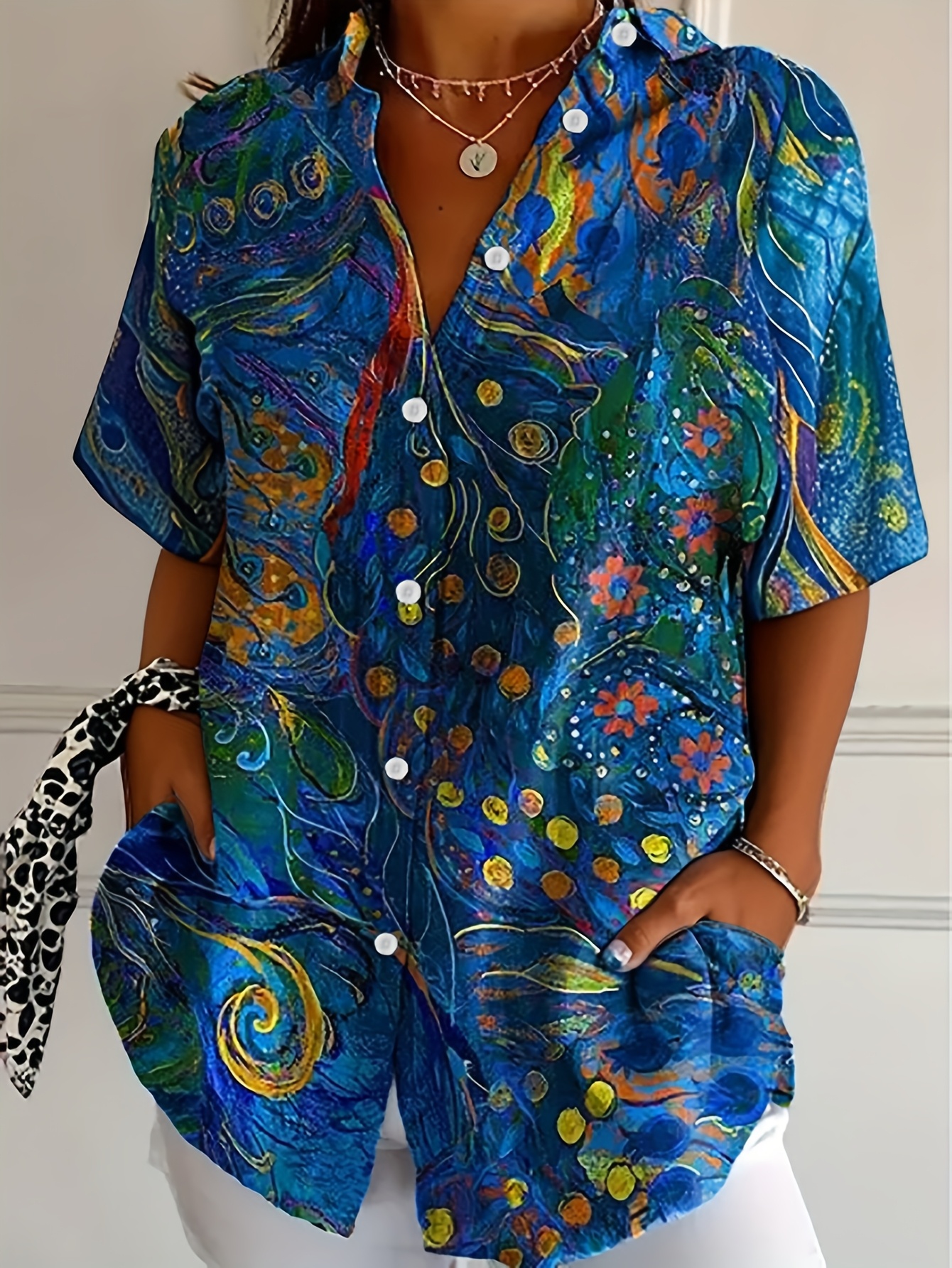 Women’s Bohemian Floral Print Short Sleeve Shirt – Polyester Casual Button-Up Blouse