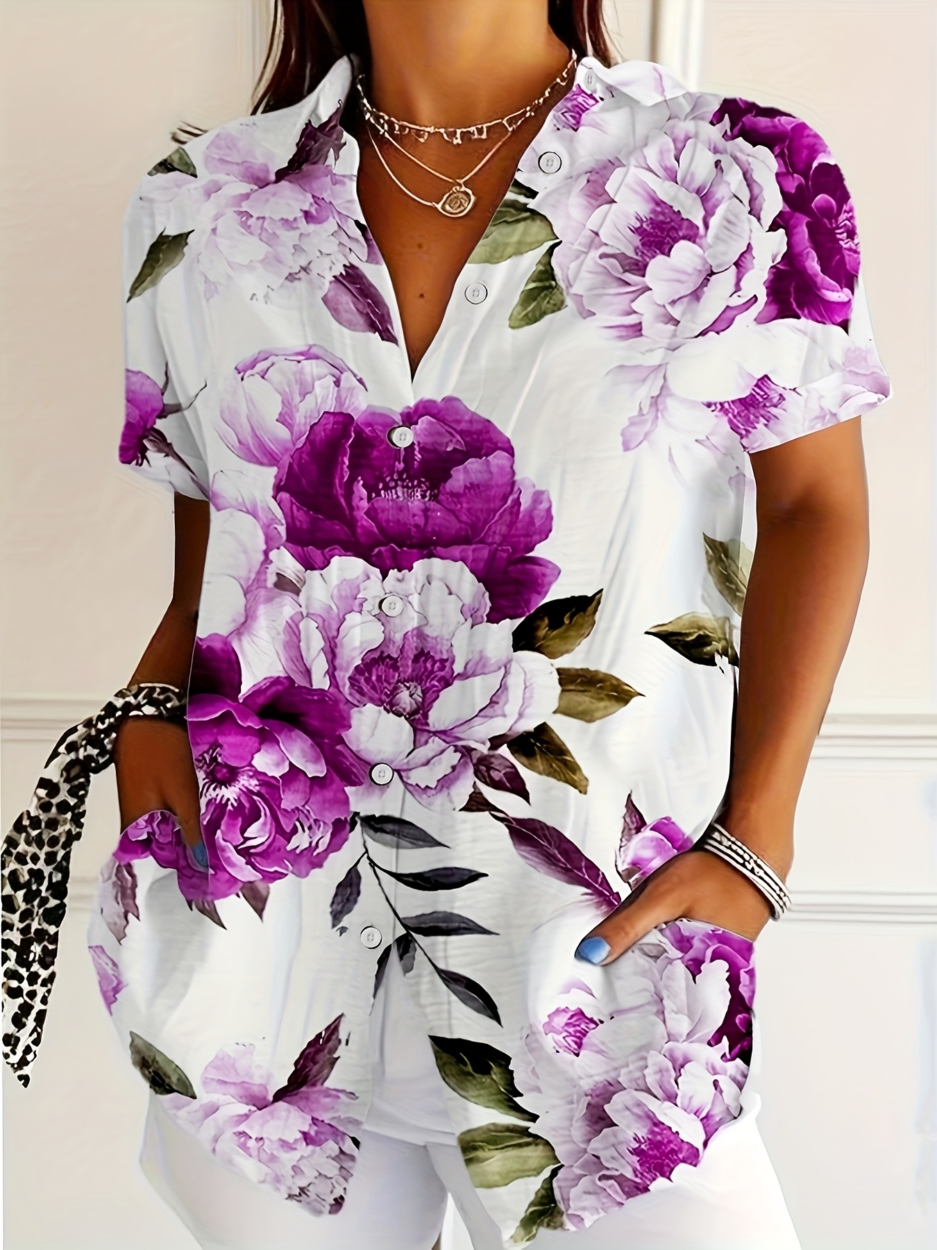 Women’s Short Sleeve Collared Button Down Shirt, Lightweight Polyester Watercolor Purple Peony Floral Print Casual Blouse with Side Pockets for Summer Vacation