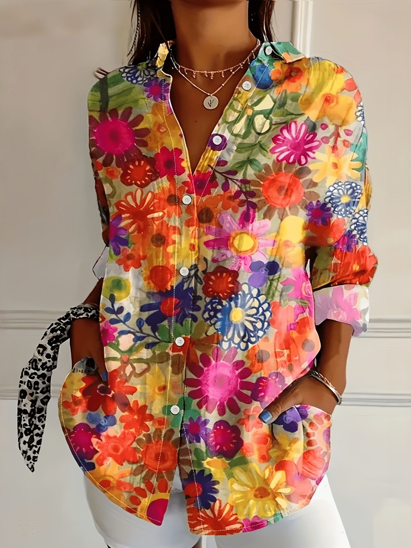 Women’s Floral Print Button Down Shirt Colorful Long Sleeve Blouse Casual Loose Fit Top for Spring Summer Vacation Office Wear