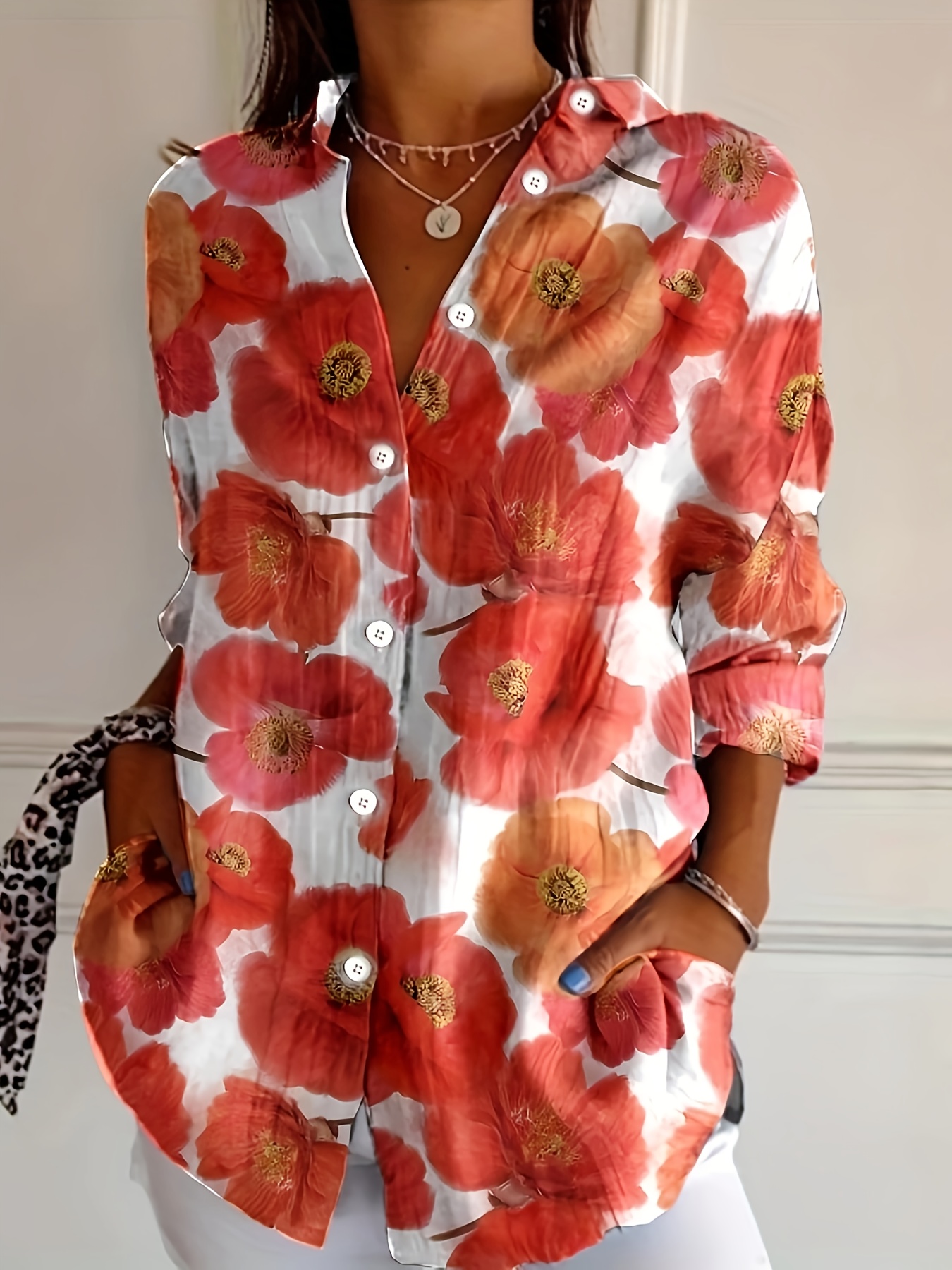 Women’s Floral Print Button Down Shirt Red Flower Blouse Long Sleeve Casual Loose Fit Top Lightweight Vacation Shirt for Women