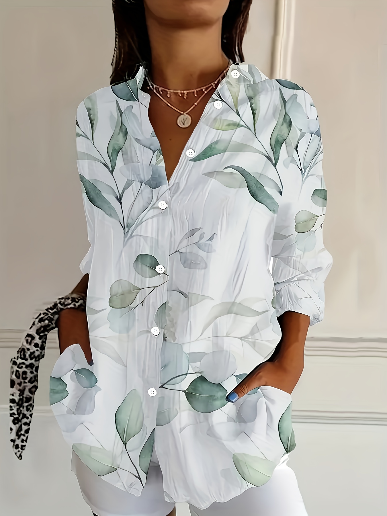 Women’s Botanical Leaf Print Button Down Shirt White Floral Blouse Long Sleeve Casual Loose Fit Top Lightweight Nature Inspired Shirt