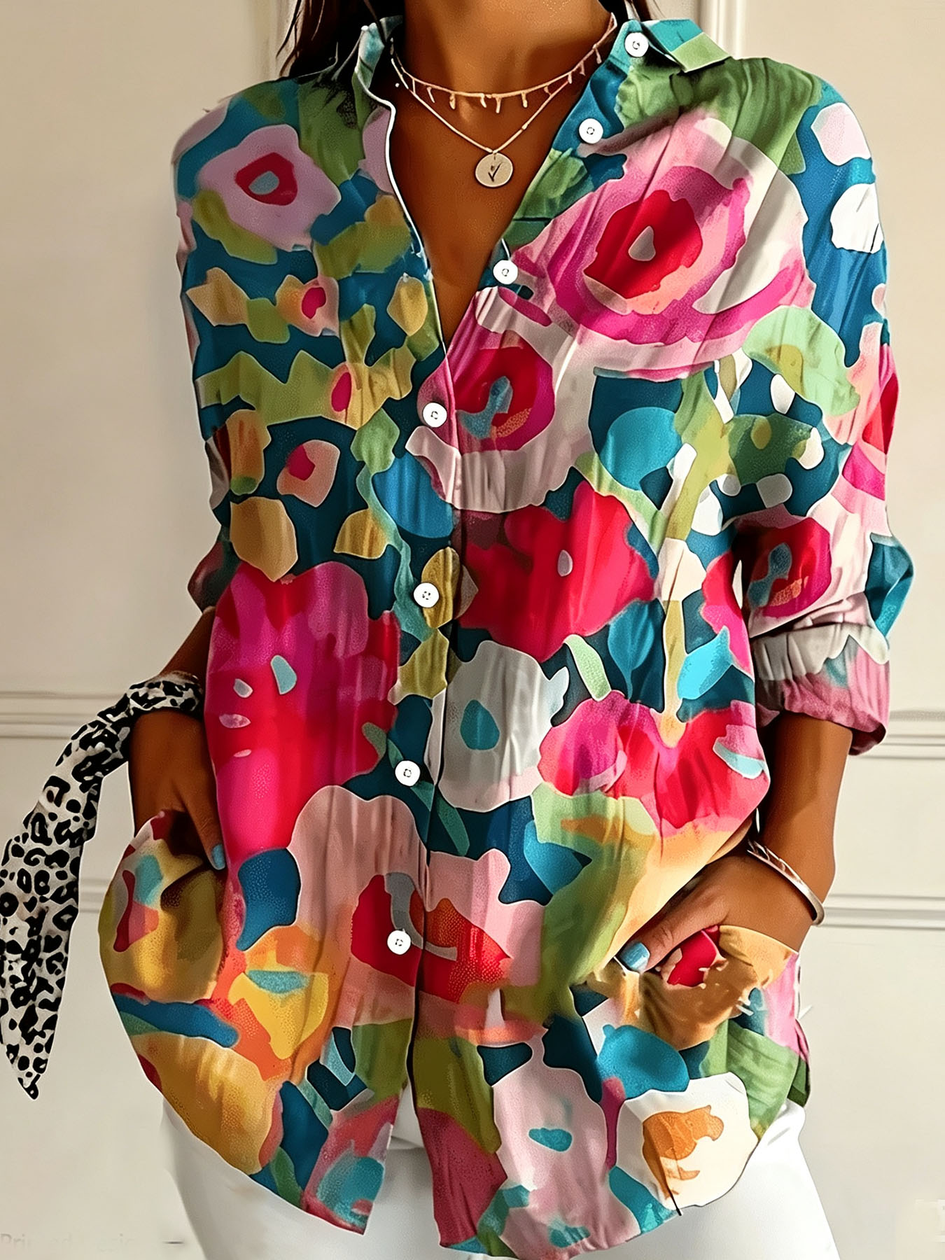 Women’s Watercolor Floral Print Button Down Shirt Colorful Botanical Blouse Long Sleeve Casual Loose Fit Top Artistic Vacation Shirt