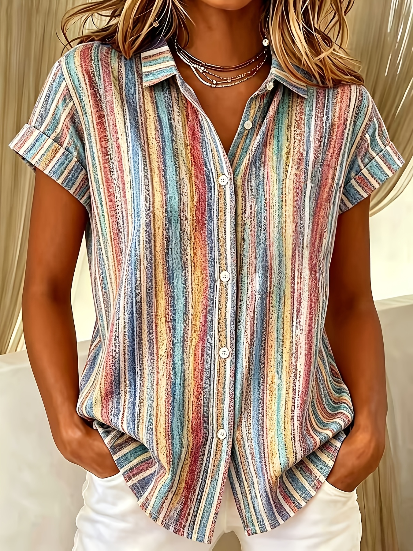 Women's Casual Striped Button Down Shirt – Lightweight Short Sleeve Blouse with Relaxed Fit