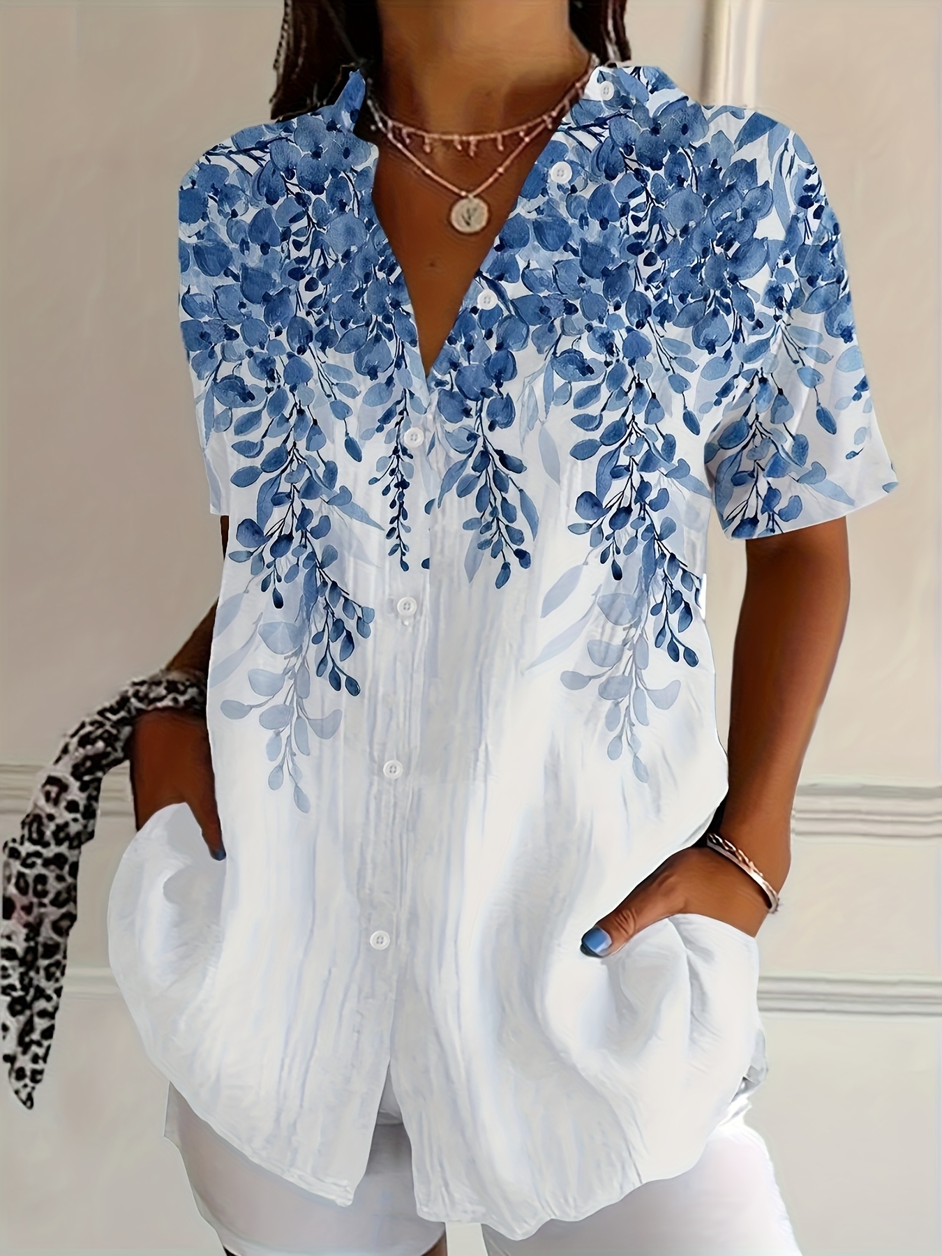 Women's Blue Leaf Print Button Down Shirt – Short Sleeve Casual Blouse, Lightweight Polyester Summer Top