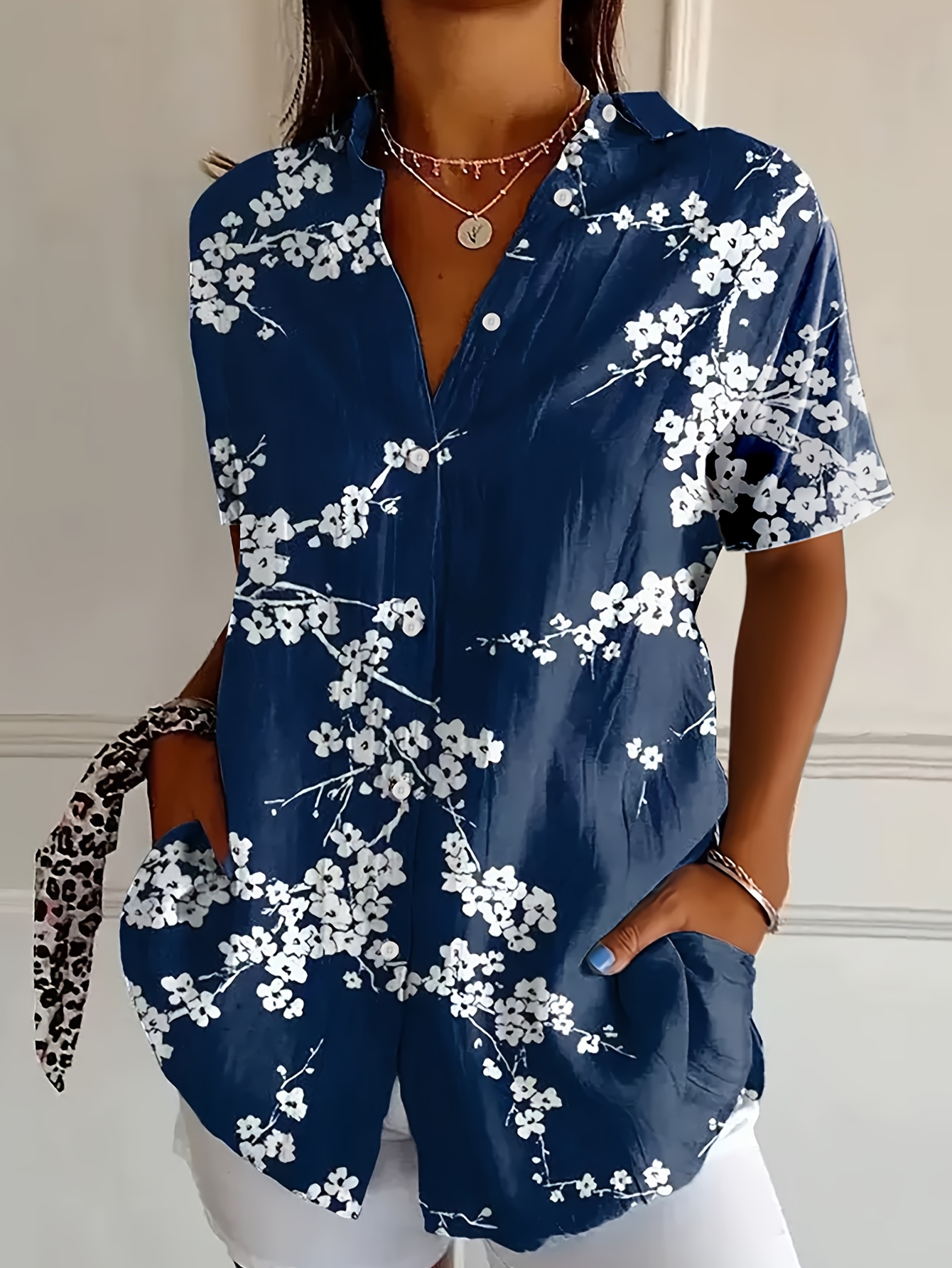 Women's Blue Floral Print Button Down Shirt – Elegant Botanical Short Sleeve Blouse with Lightweight Polyester Fabric