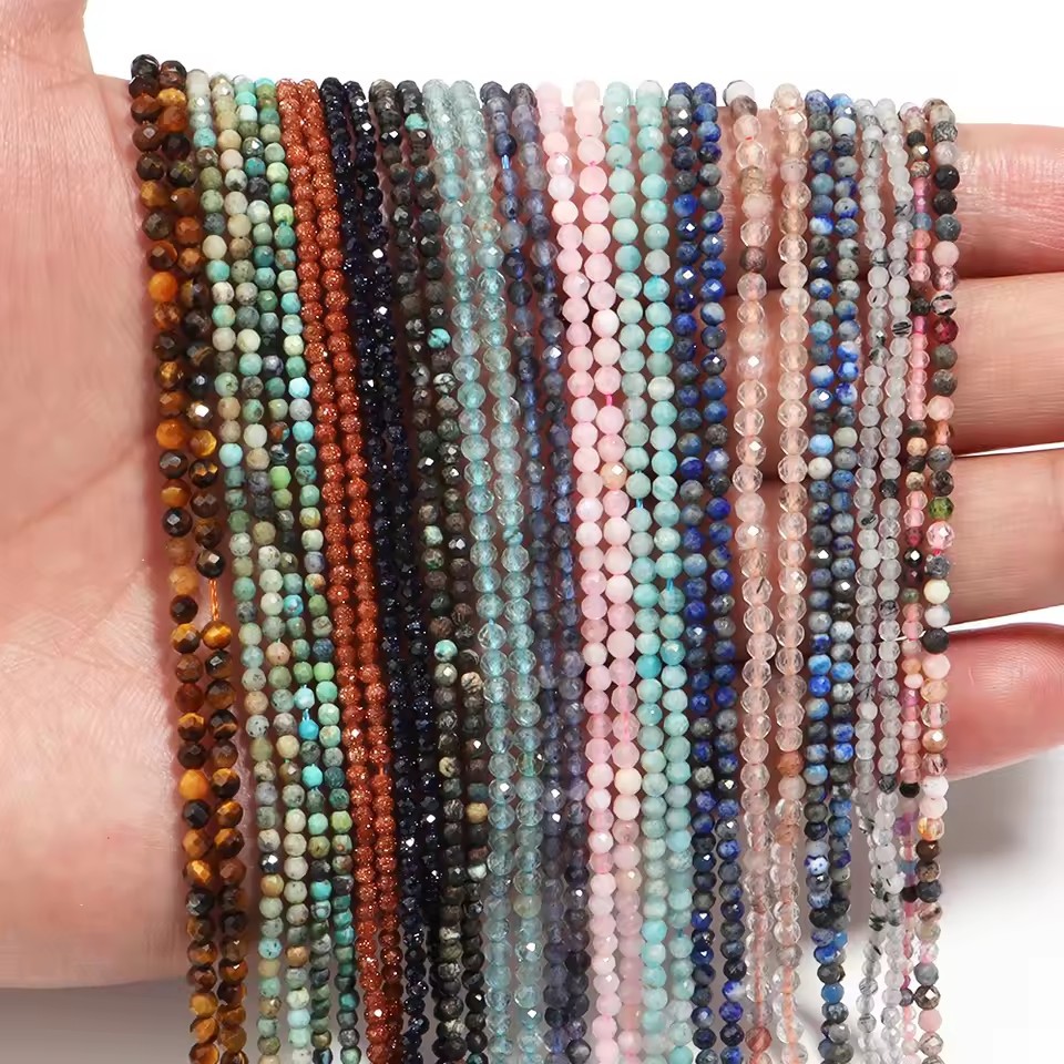 Wholesale Faceted Natural Gemstone Beads, Cut Crystal Loose Beads, Aquamarine Tourmaline Agate Spacer Beads for DIY Bracelet Necklace Jewelry Making, 2/3/4mm