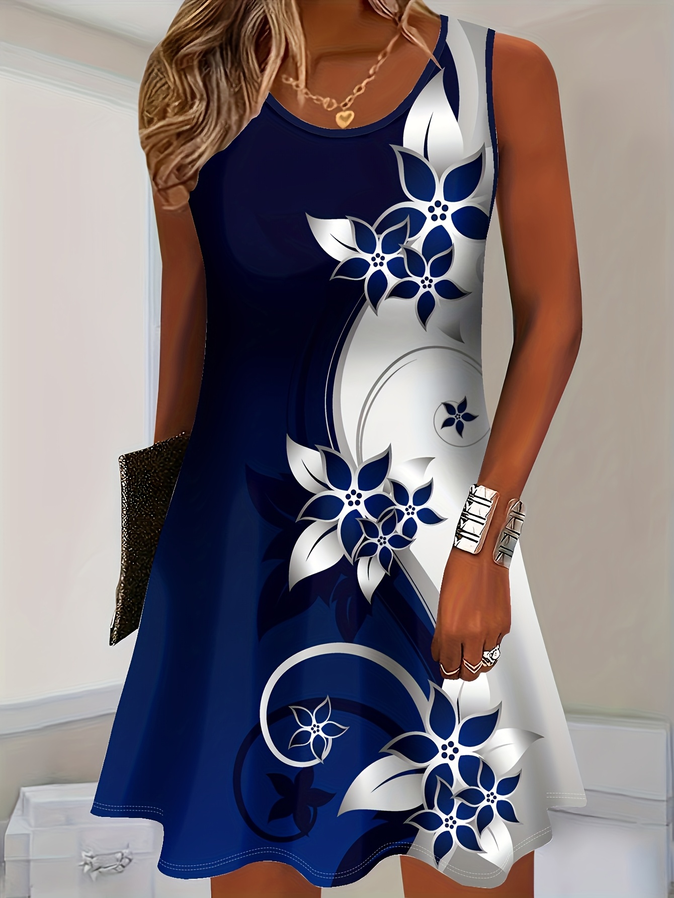 Women's Sleeveless Summer Dress – Navy Blue Floral Print A-Line Dress, Elegant Casual Loose Fit Dress with Lightweight Polyester Fabric