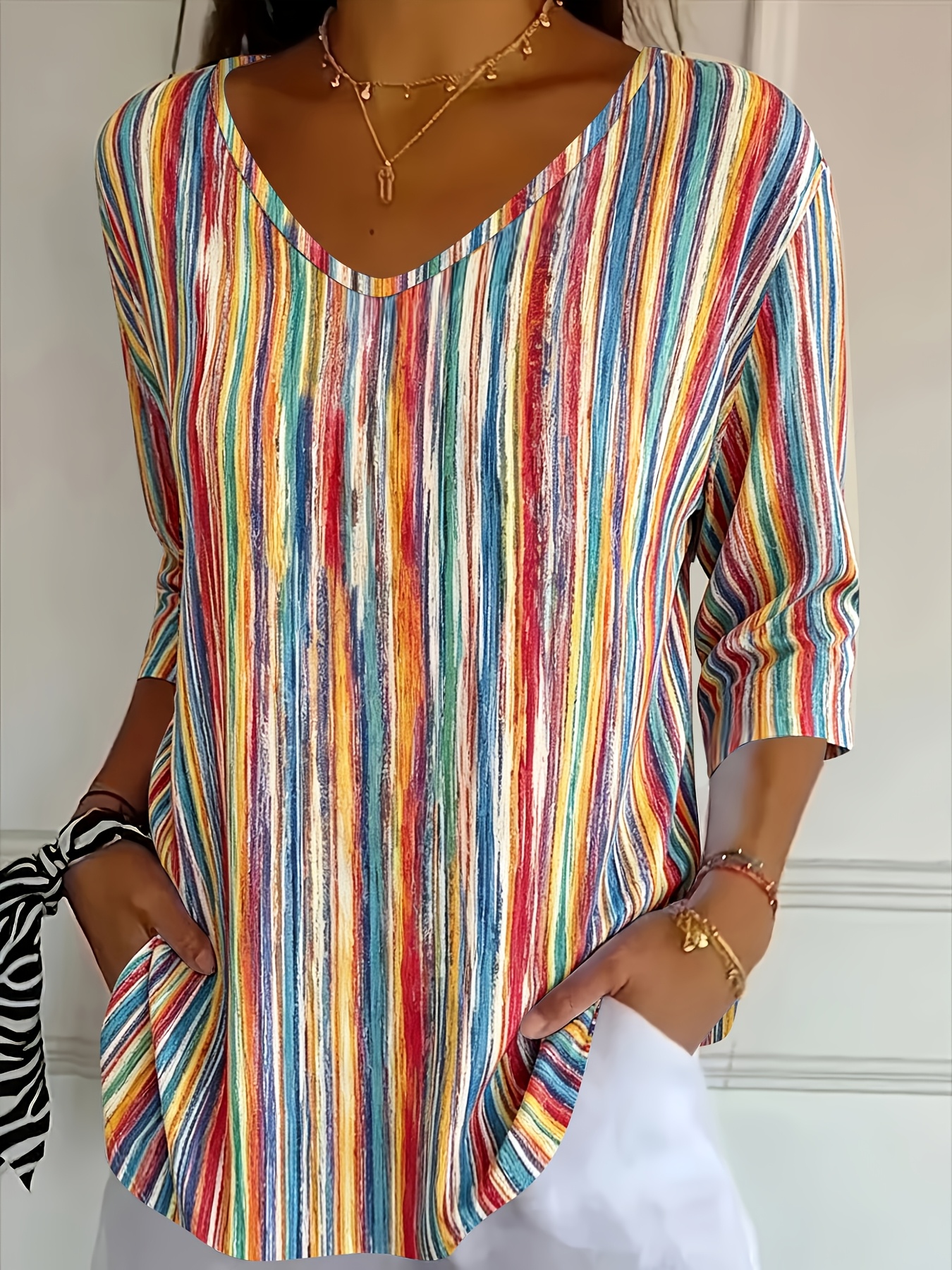 Women’s Colorful Striped V Neck Blouse – Casual 3/4 Sleeve Loose Fit Tunic Top for Everyday Wear