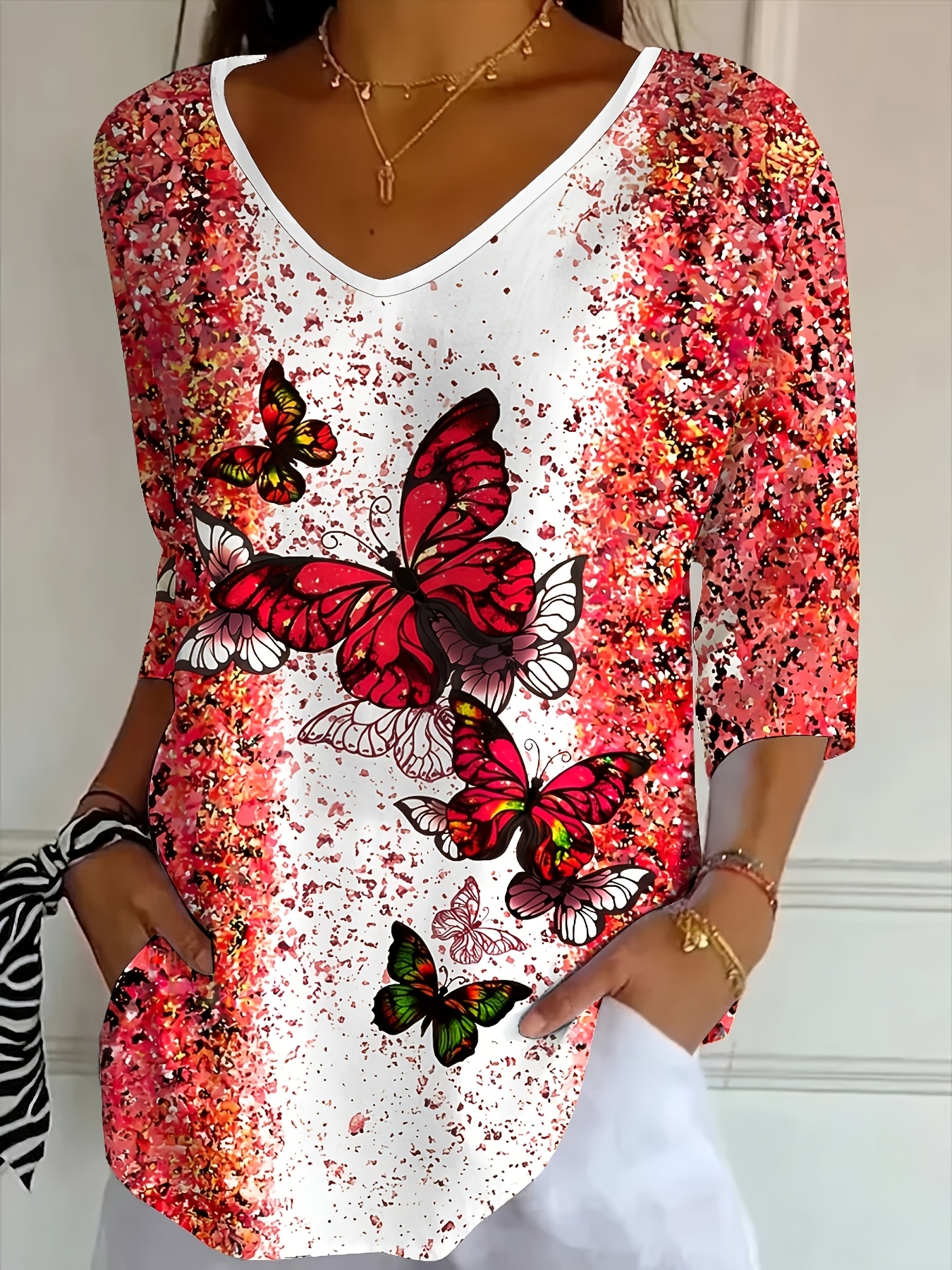 Women’s Butterfly Print V Neck 3/4 Sleeve Tunic Tops – Casual Loose Fit Blouse Shirts for Women