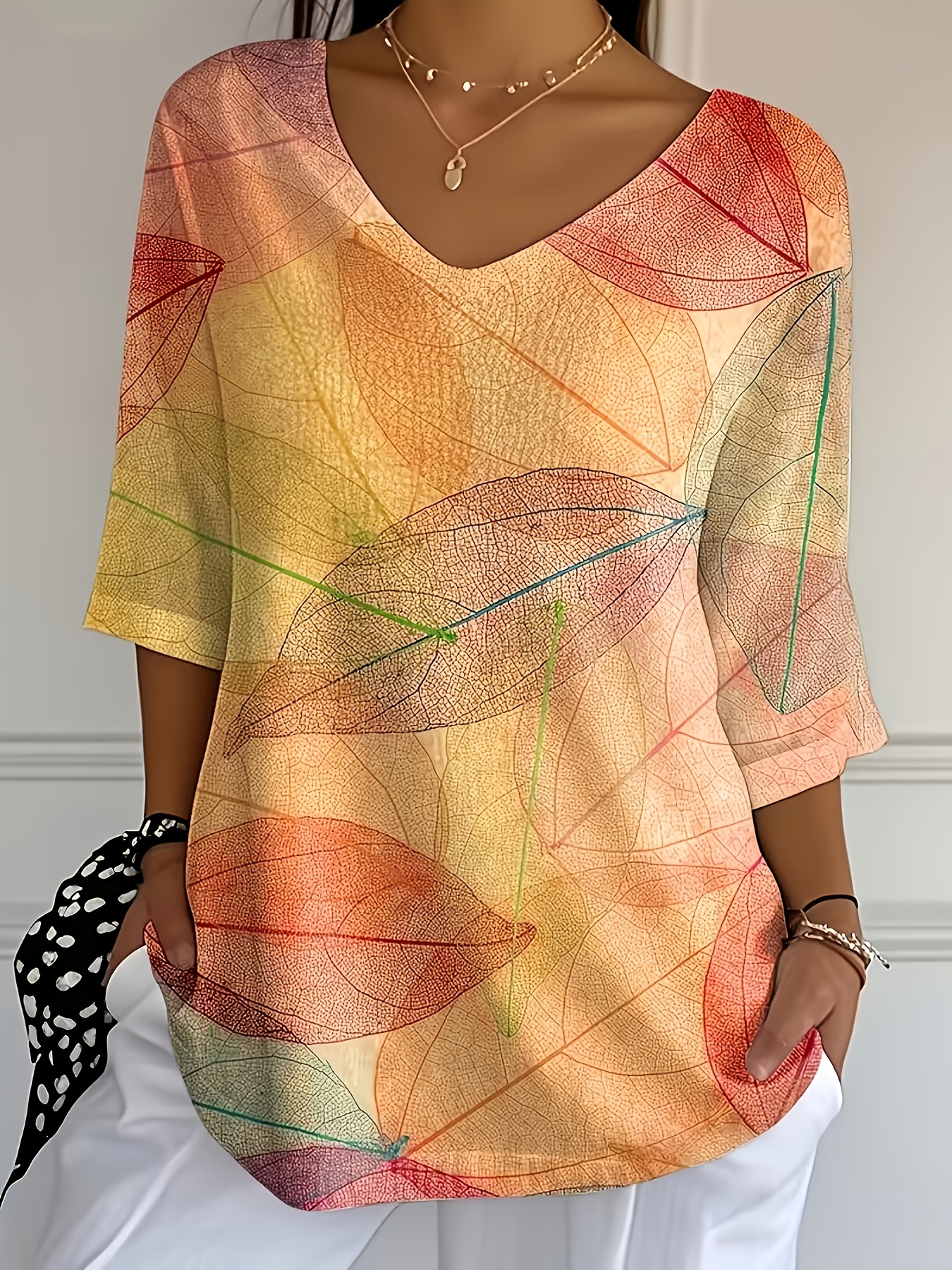 Women’s 3/4 Sleeve Floral Print V Neck Blouse – Casual Loose Fit Tunic Top with Colorful Nature Pattern