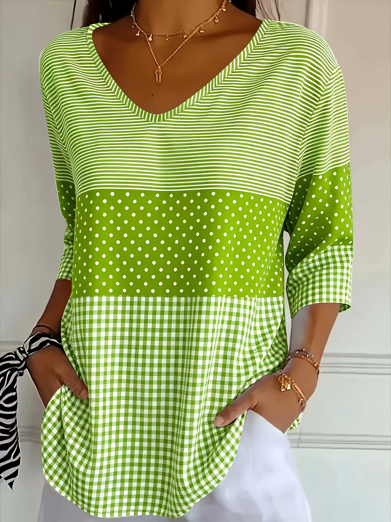 Women's 3/4 Sleeve V Neck Tops Casual Color Block Printed Shirts Loose Fit Tunic Blouse Green Striped Polka Dot Plaid Shirts for Women