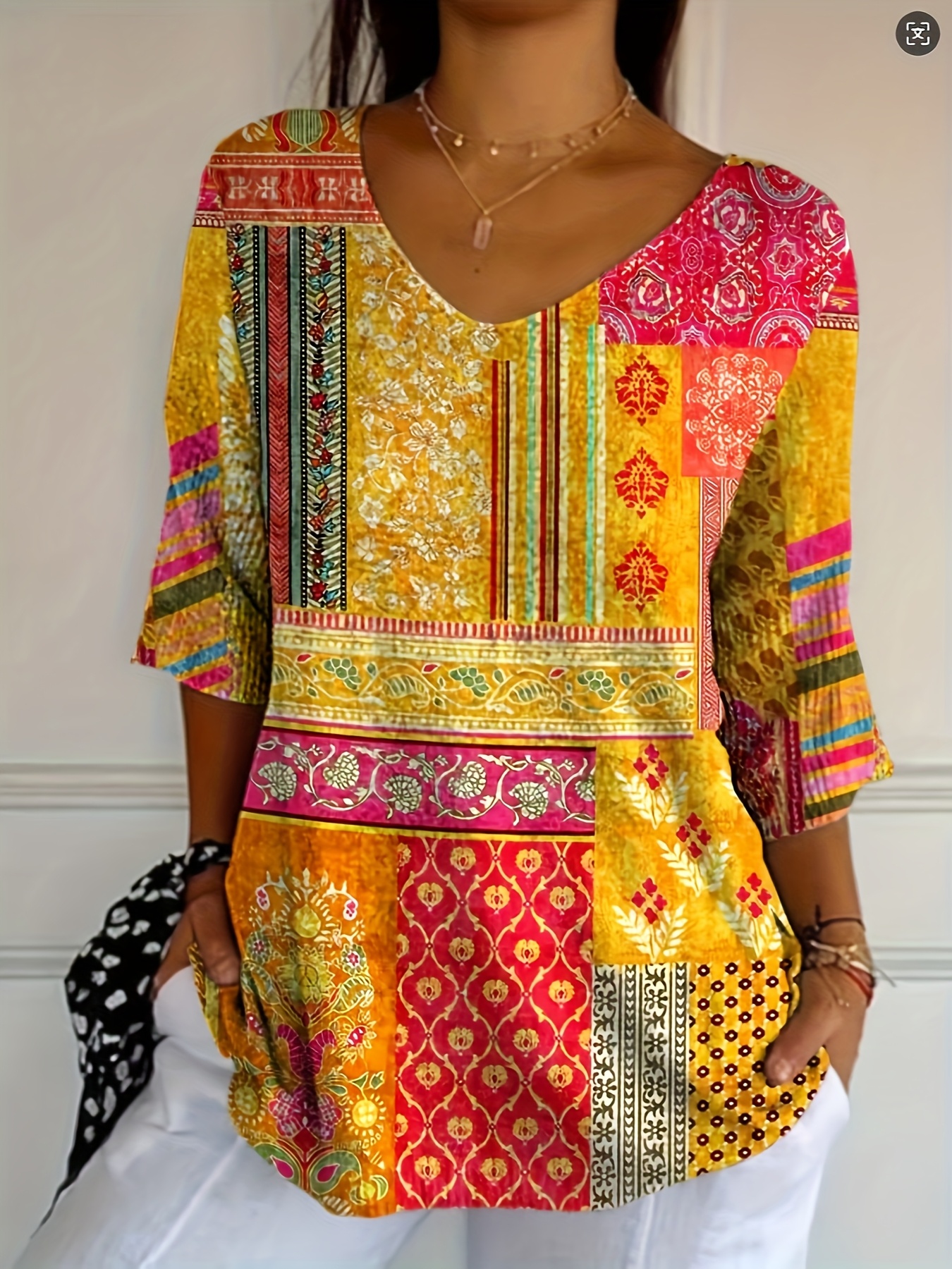 Women's 3/4 Sleeve Printed Blouse – Colorful Bohemian Patchwork Top, Casual Loose Fit Tunic Shirt with Lightweight Polyester Fabric