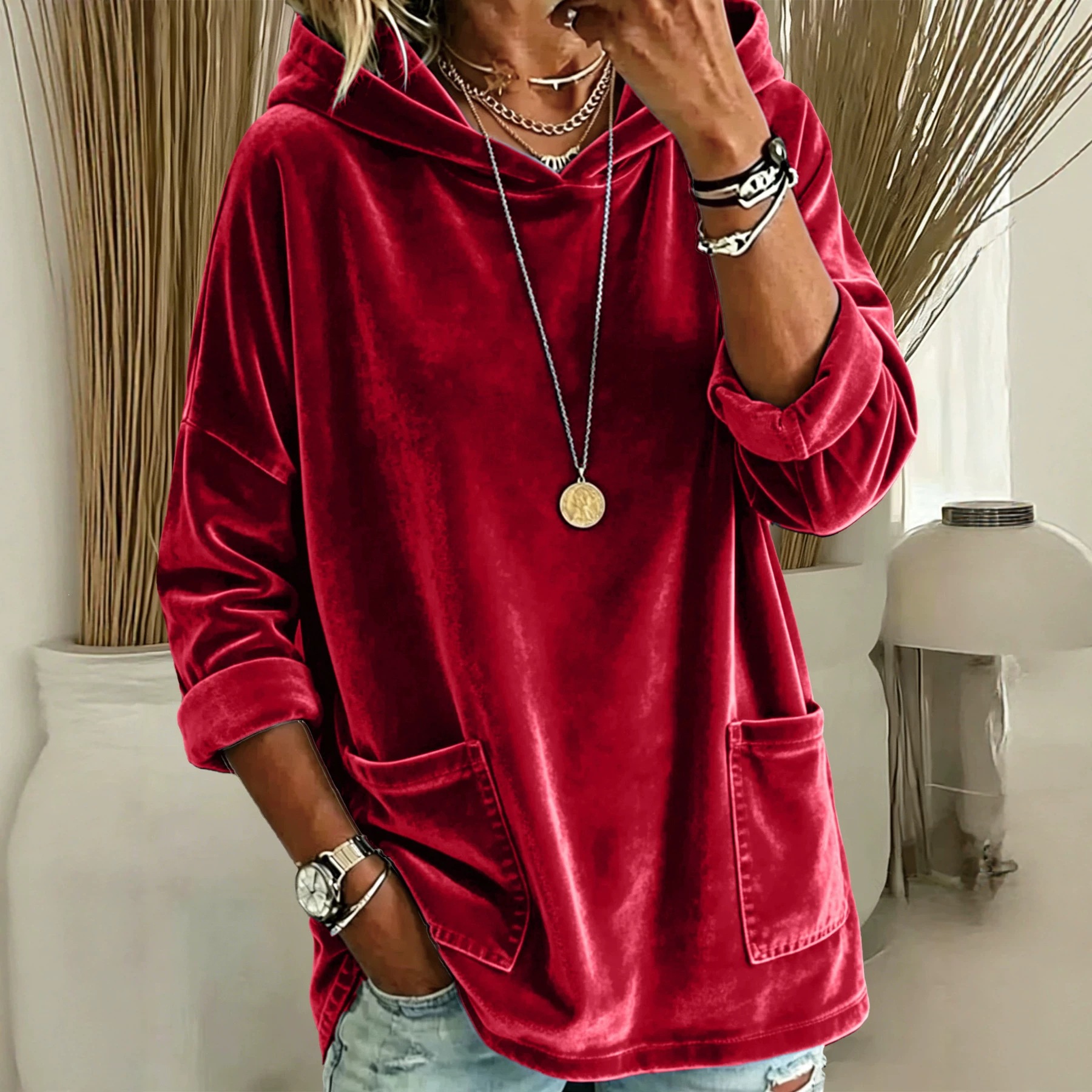 Women's Oversized Velvet Hoodie Pullover – Casual Loose Fit Hooded Sweatshirt with Front Pockets, Soft Lightweight Long Sleeve Top
