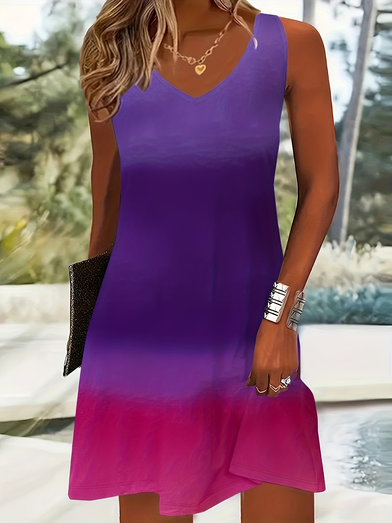 Women's Summer Gradient Color Sleeveless Mini Dress – Casual V Neck Swing Dress