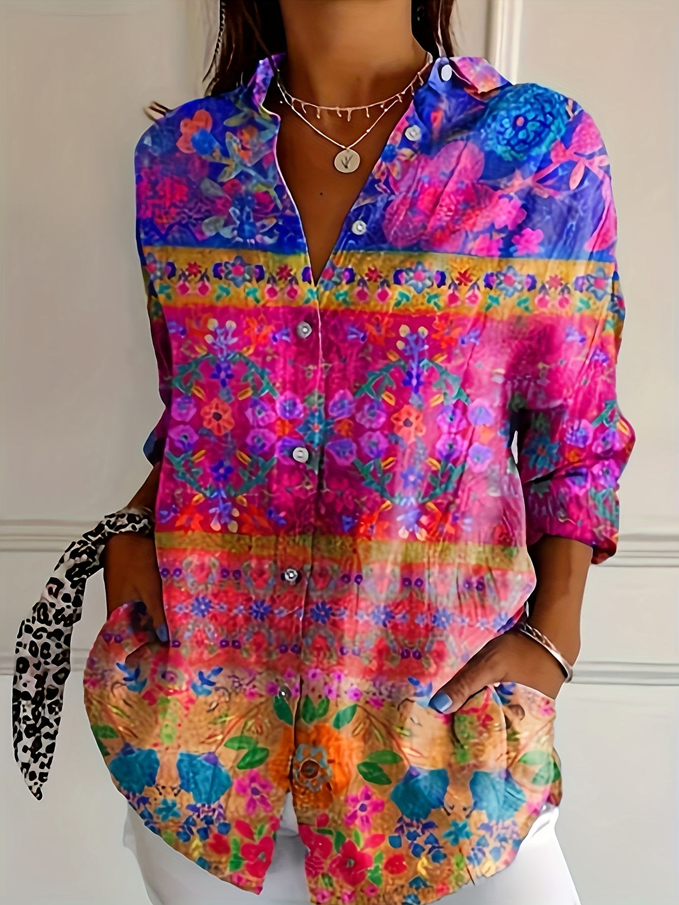 Women's Floral Printed Button Down Shirt, Colorful Casual Long Sleeve Blouse, Lightweight Loose Fit Collared Shirt for Daily Wear, Vacation and Spring Summer Outfits-gemscharms