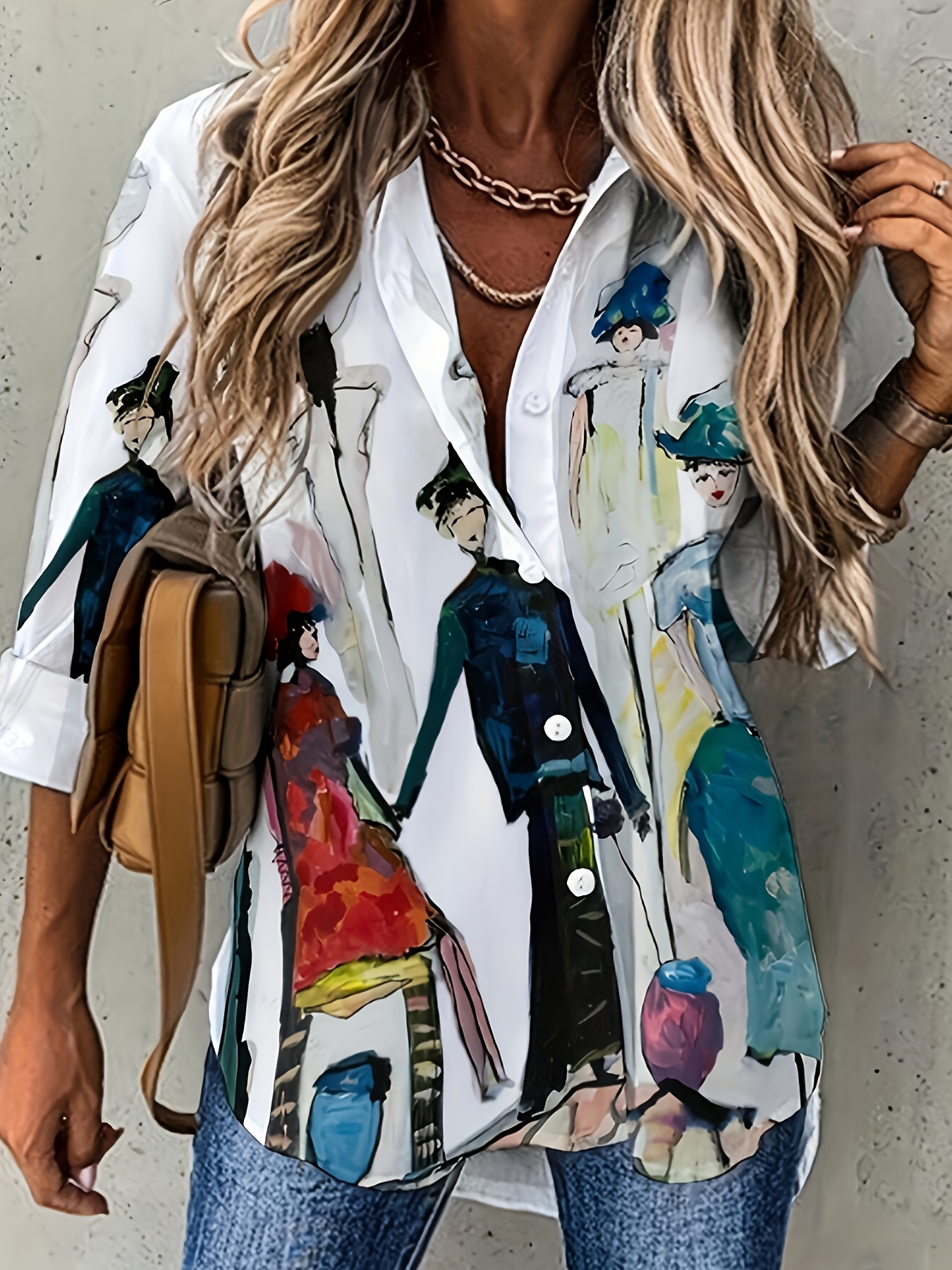 Women's Colorful Printed Button Down Shirt – Casual Loose Fit Long Sleeve Blouse with Artistic Pattern, Lightweight Tunic Top for Daily Wear, Vacation & Street Style
