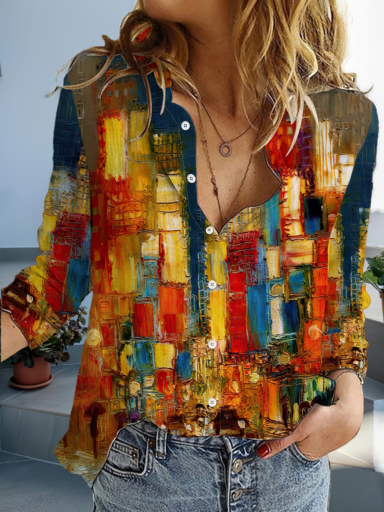 Spring And Autumn Women'S Printed New Style Individual Trendy Multi-Color Irregular Patchwork Pattern Women'S Fashion Long Sleeve Shirt
