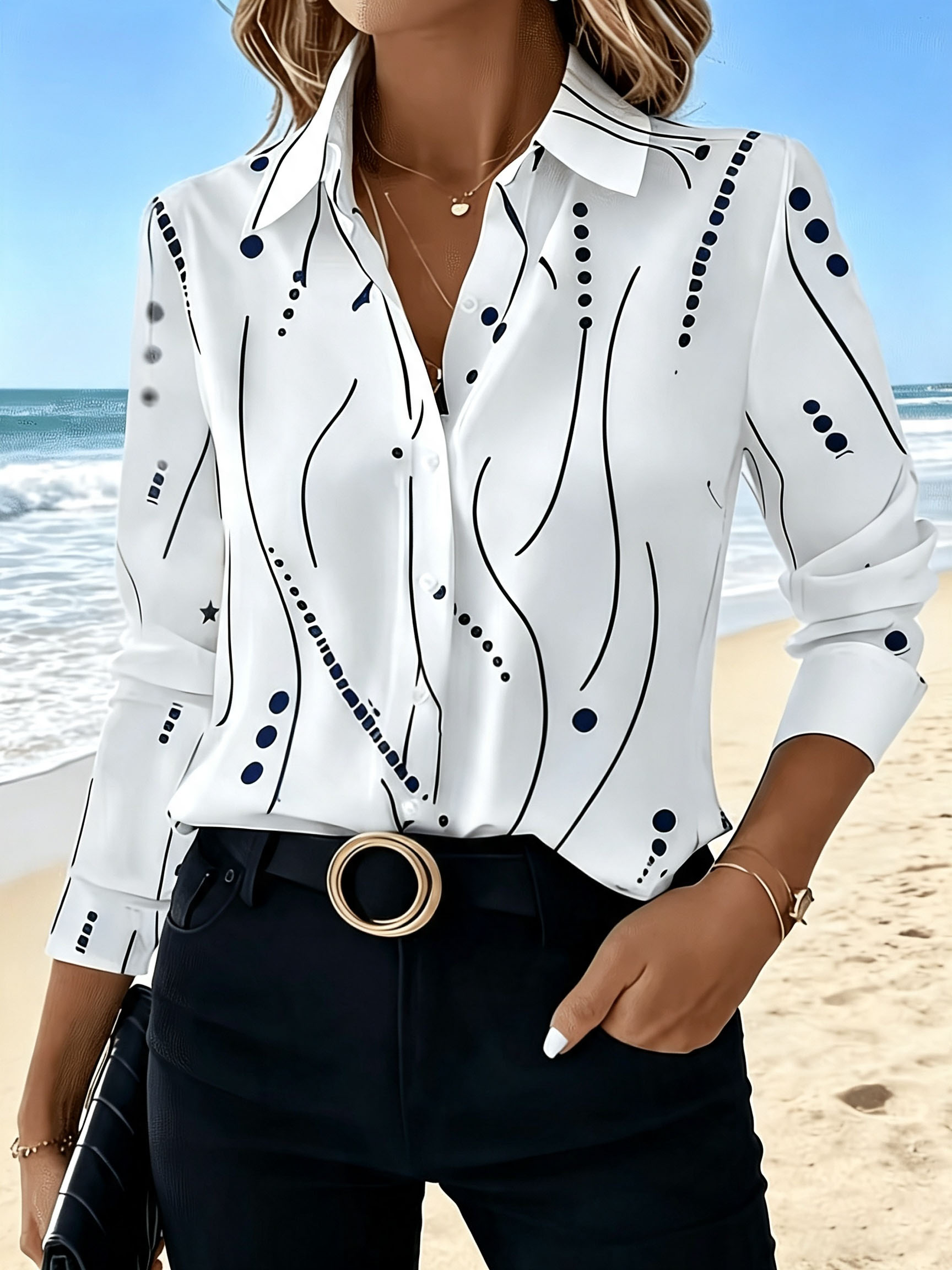 Women's Loose Fit Long Sleeve Shirts, Abstract Curve Stripe Dot Print Button‑Down Blouse , Casual Daily Tunic Tops-gemscharms