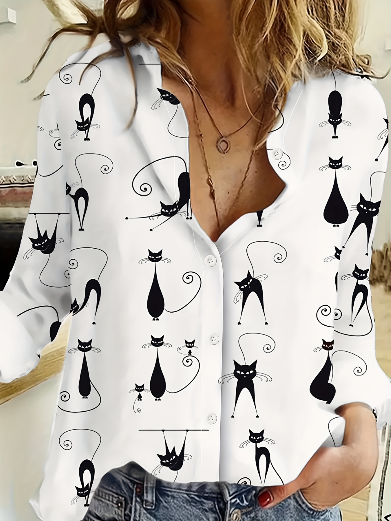 Women's Funny Black Cat Print Long‑Sleeve Shirt, Casual Button‑Down V‑Neck Blouse, Cute Cat Lover Daily Wear Tops-gemscharms