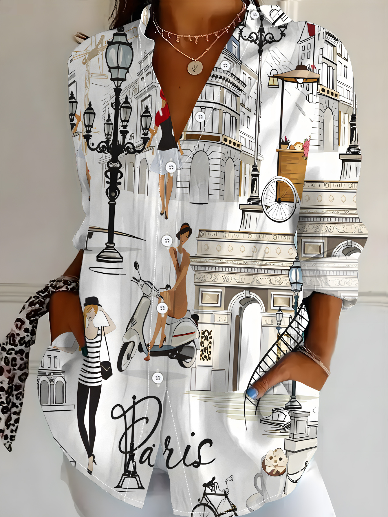 Women's Long Sleeve Shirt, Urban Style Graphic, Printed Shirt with Paris Scenery Elements, Floral Shirt for Women, Fresh White Base Color, Casual Long Sleeve Shirt for, Spring and Autumn Base Layer Shirt, Single Floral Long Sleeve Shirt-gemscharms