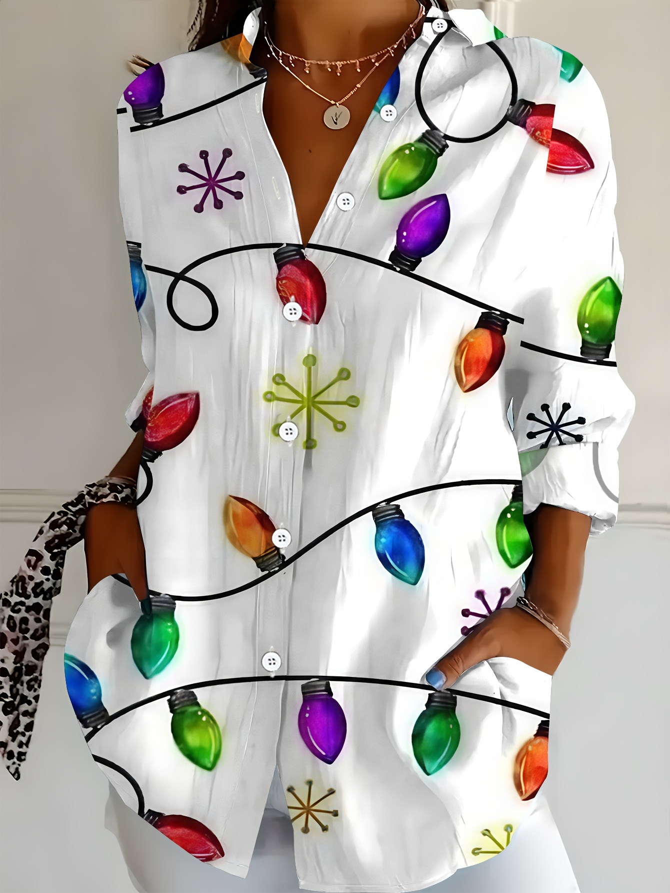 Women's Long-Sleeve Shirt, Lantern Pattern Printed Blouse, Midi-Length Women's Shirt with Snowflake Accents, Colorful and Fresh Style Casual Shirt, Soft, Comfortable, Skin-Friendly, and Delicate Spring/Autumn Base Layer Shirt