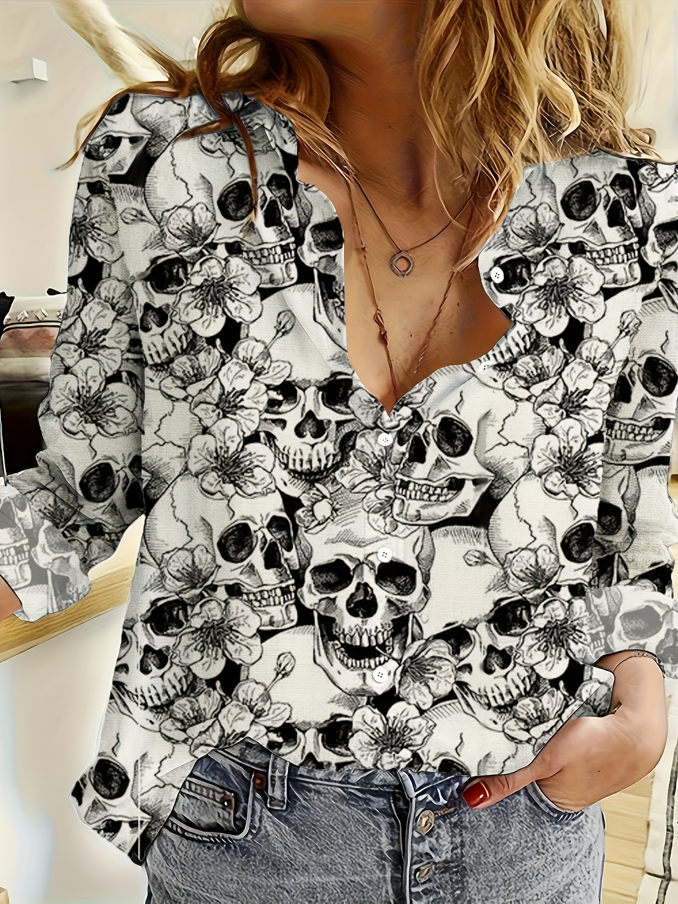 Women's Skull Floral Print Button Down Shirt Long Sleeve Gothic Blouse Casual Loose Fit Halloween Tops Alternative Fashion Shirt for Women