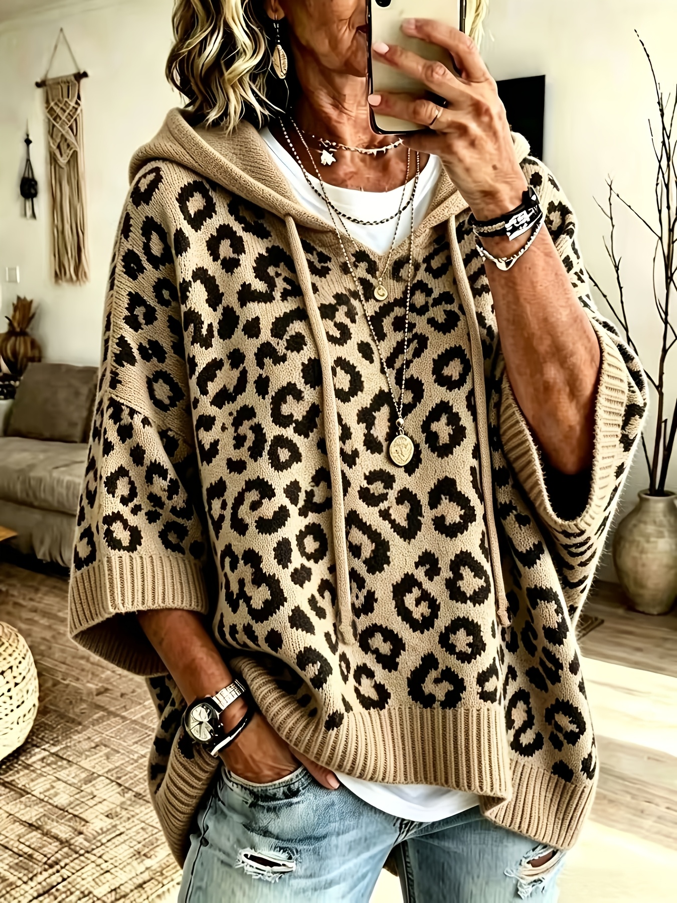 Women's Leopard Print Hooded Knit Sweater, Oversized Pullover Poncho Top, Loose 3/4 Sleeve Casual Fall Winter Jumper, Cozy Animal Print Hoodie Sweater
