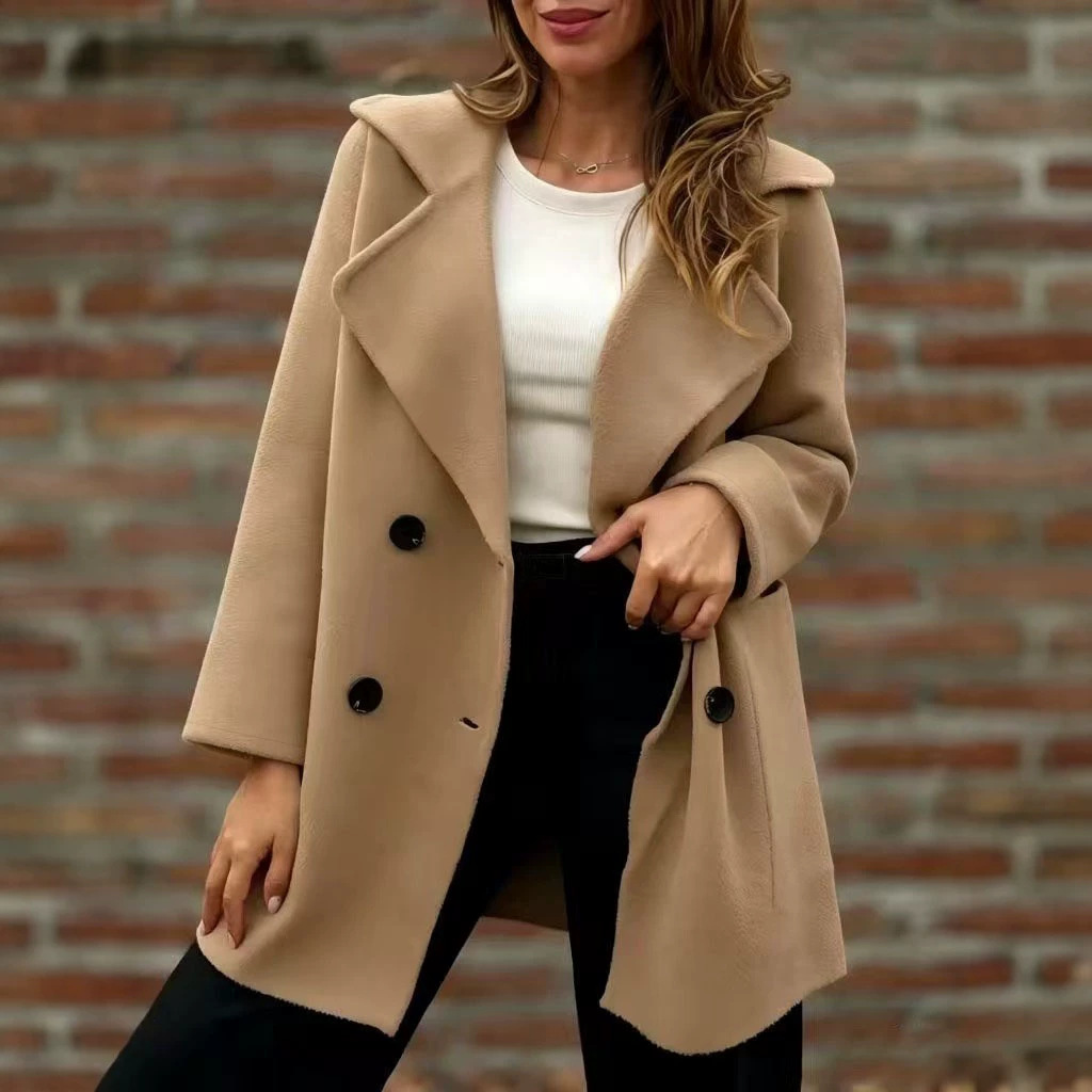 Women's Double Breasted Pea Coat – Elegant Lapel Collar Long Sleeve Jacket for Fall & Winter