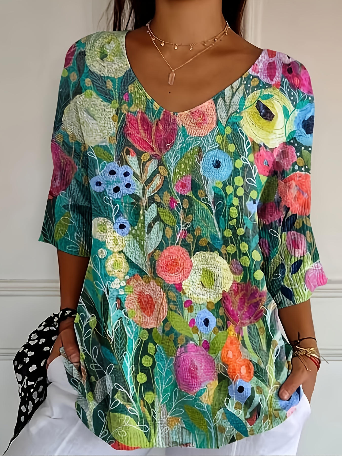 Women’s Floral Print Short Sleeve Tops, Casual Loose Fit Blouse Shirt with Colorful Botanical Pattern, Summer Lightweight Tunic Top for Women, Vacation Beach Everyday Wear-gemscharms