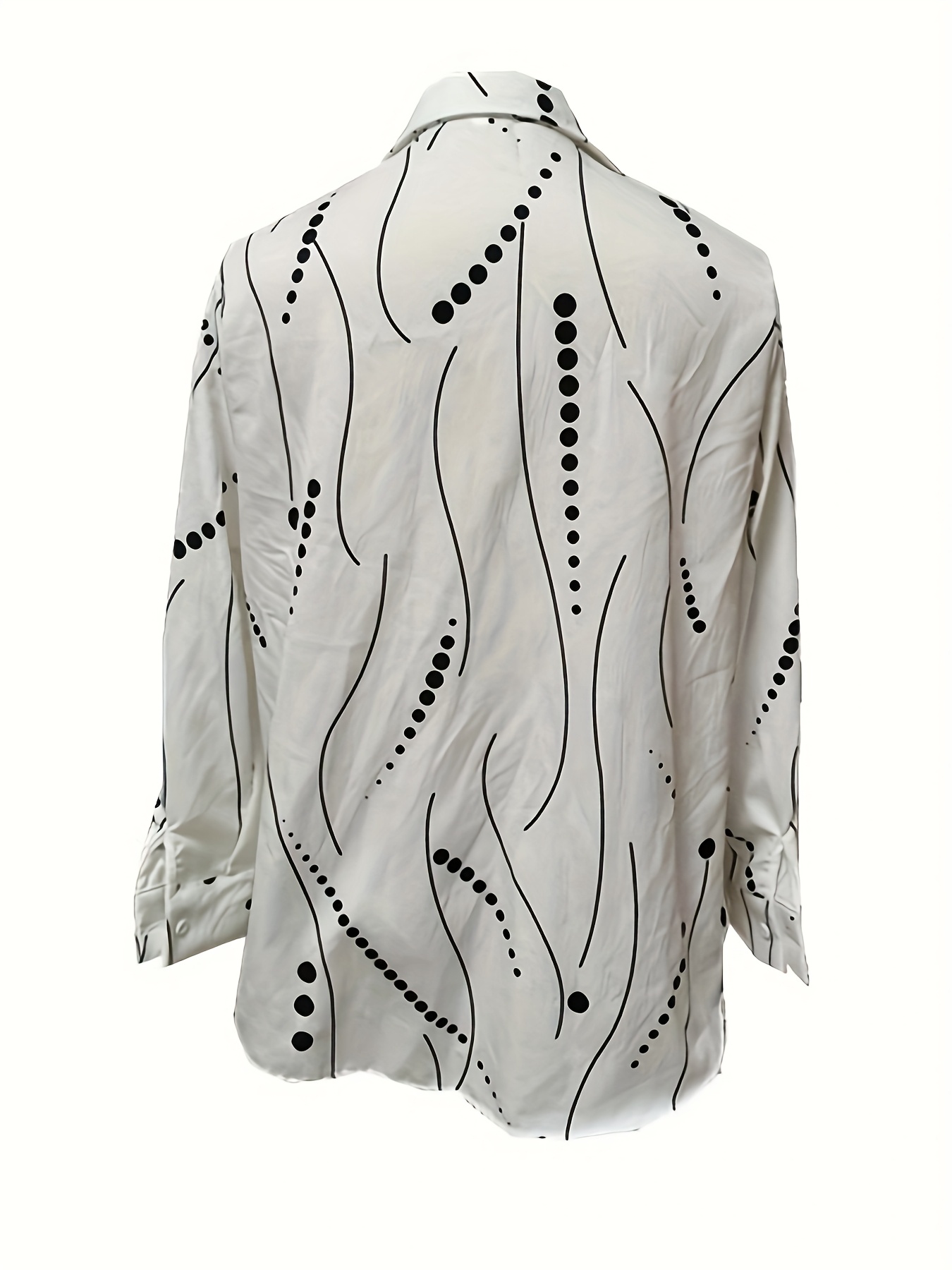 Women's Loose Fit Long Sleeve Shirts, Abstract Curve Stripe Dot Print Button‑Down Blouse , Casual Daily Tunic Tops-gemscharms