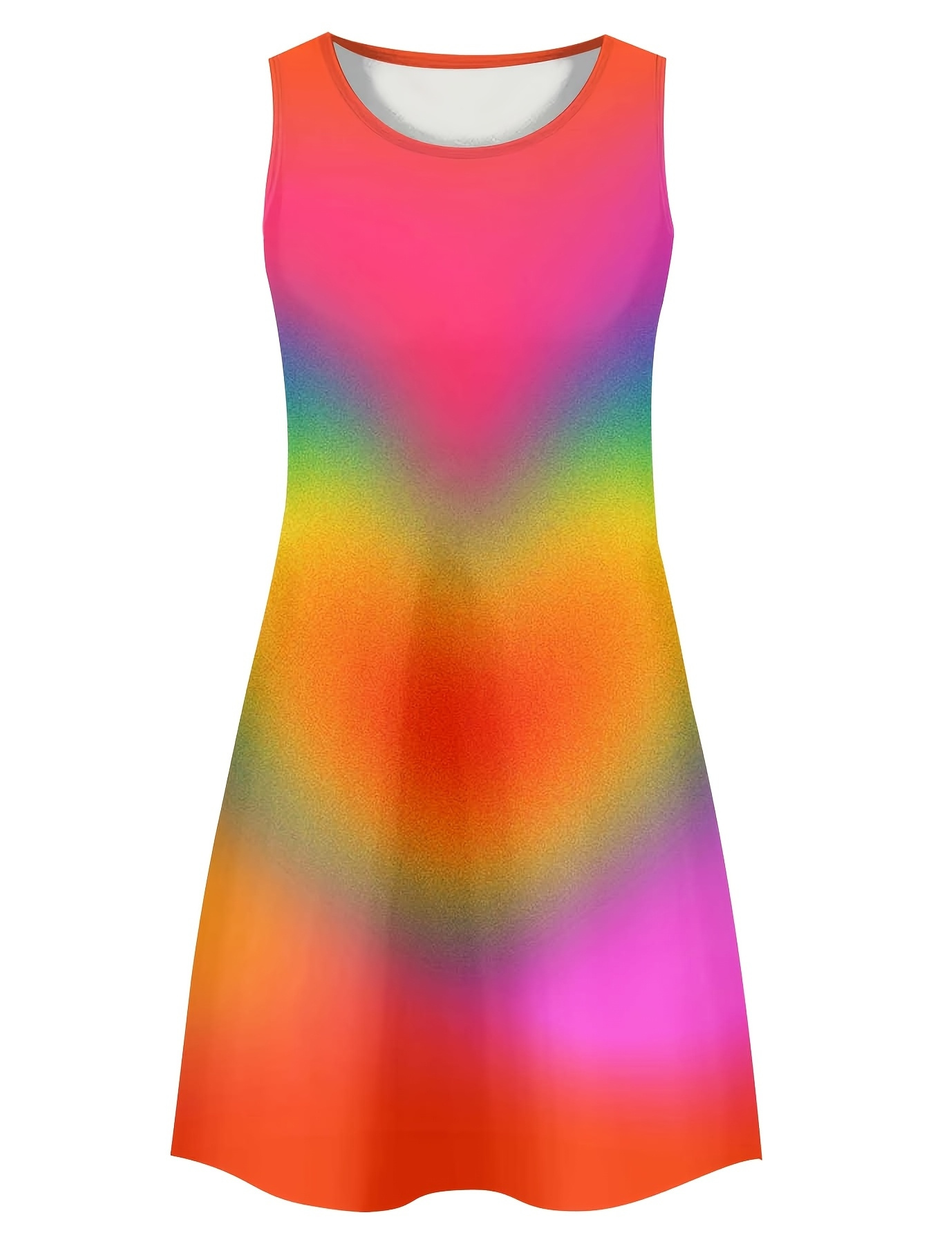 Women’s Rainbow Gradient Tank Dress – Sleeveless Casual A-Line Summer Dress with Pockets