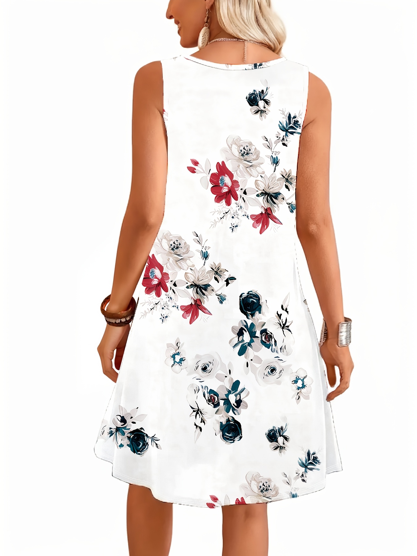 Women's Summer Casual Sleeveless Floral Dress A-Line Swing Midi Dress Soft Lightweight Printed Tank Dress for Beach Vacation Daily Wear