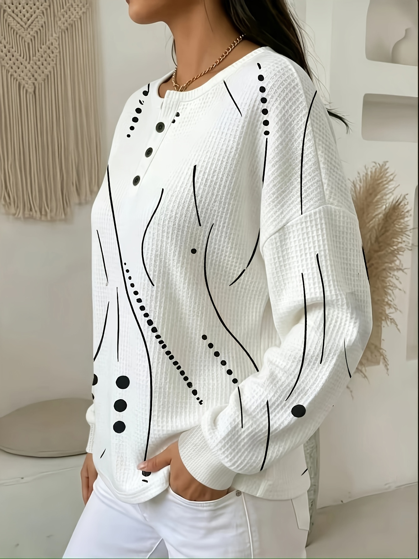 Women's Casual Waffle Knit Tops Long Sleeve Button Front Blouse, Abstract Print Round Neck Loose Fit Pullover Shirt, Lightweight Textured Fall Winter Casual Top