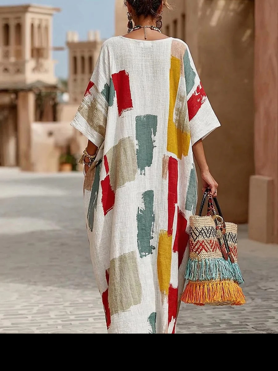 Women's Abstract Print Maxi Dress, Casual Loose Fit Bohemian Kaftan Dress, V Neck Short Sleeve Oversized Tunic Dress for Summer Vacation