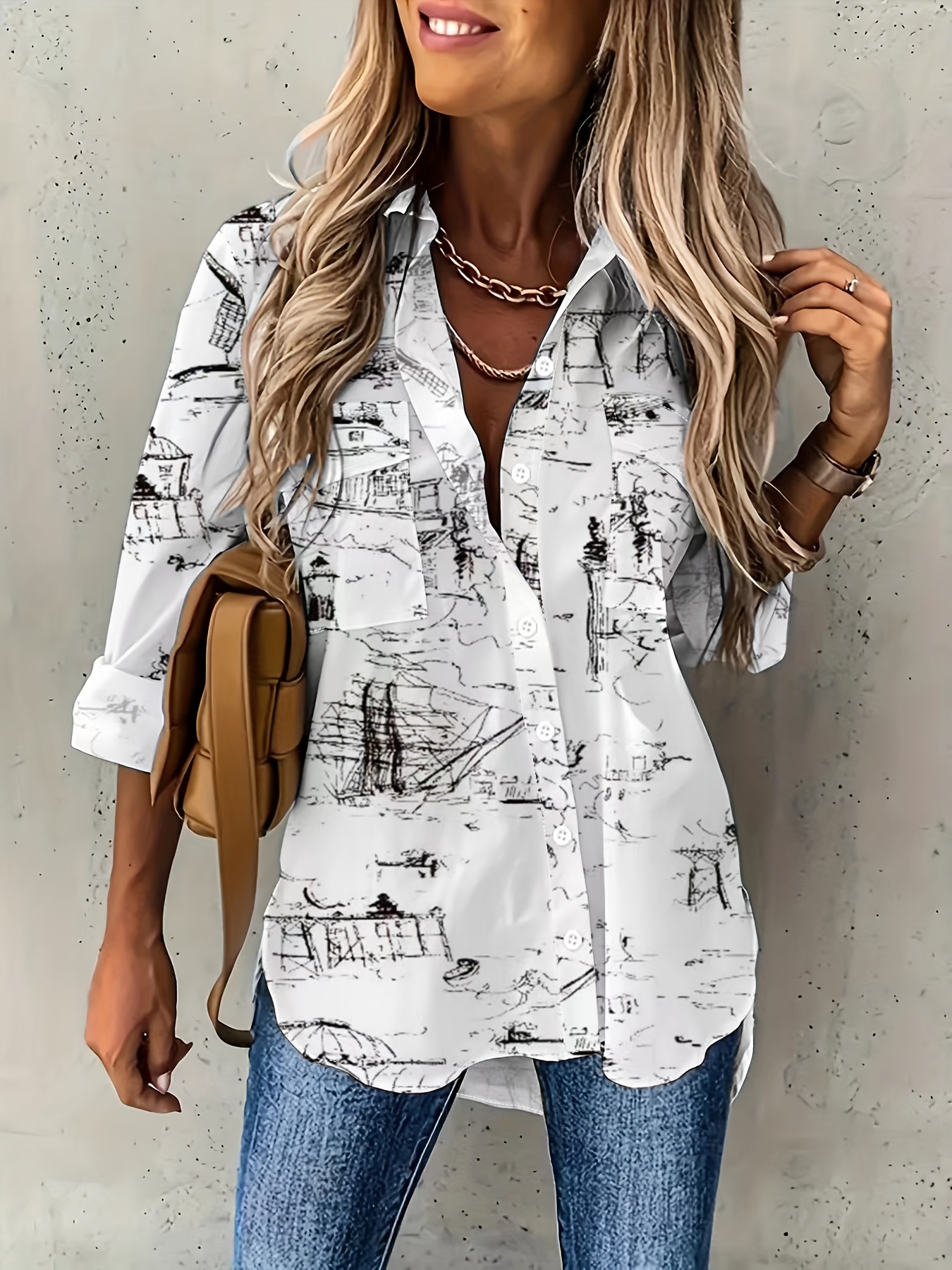 Women's Vintage Sketch Print Button Down Shirt – Casual Long Sleeve Blouse for Everyday Style