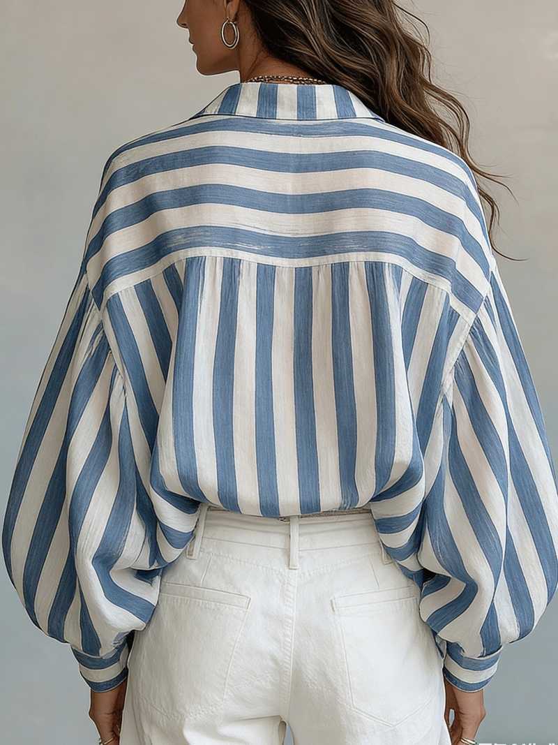 Women's Blue Striped Button Down Shirt Long Sleeve Casual Blouse Loose Fit Collared Shirt Oversized Tops for Office Travel Vacation Everyday Wear