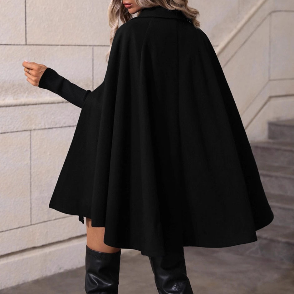 Women’s Double-Breasted Cape Coat – Elegant High Neck Poncho Jacket